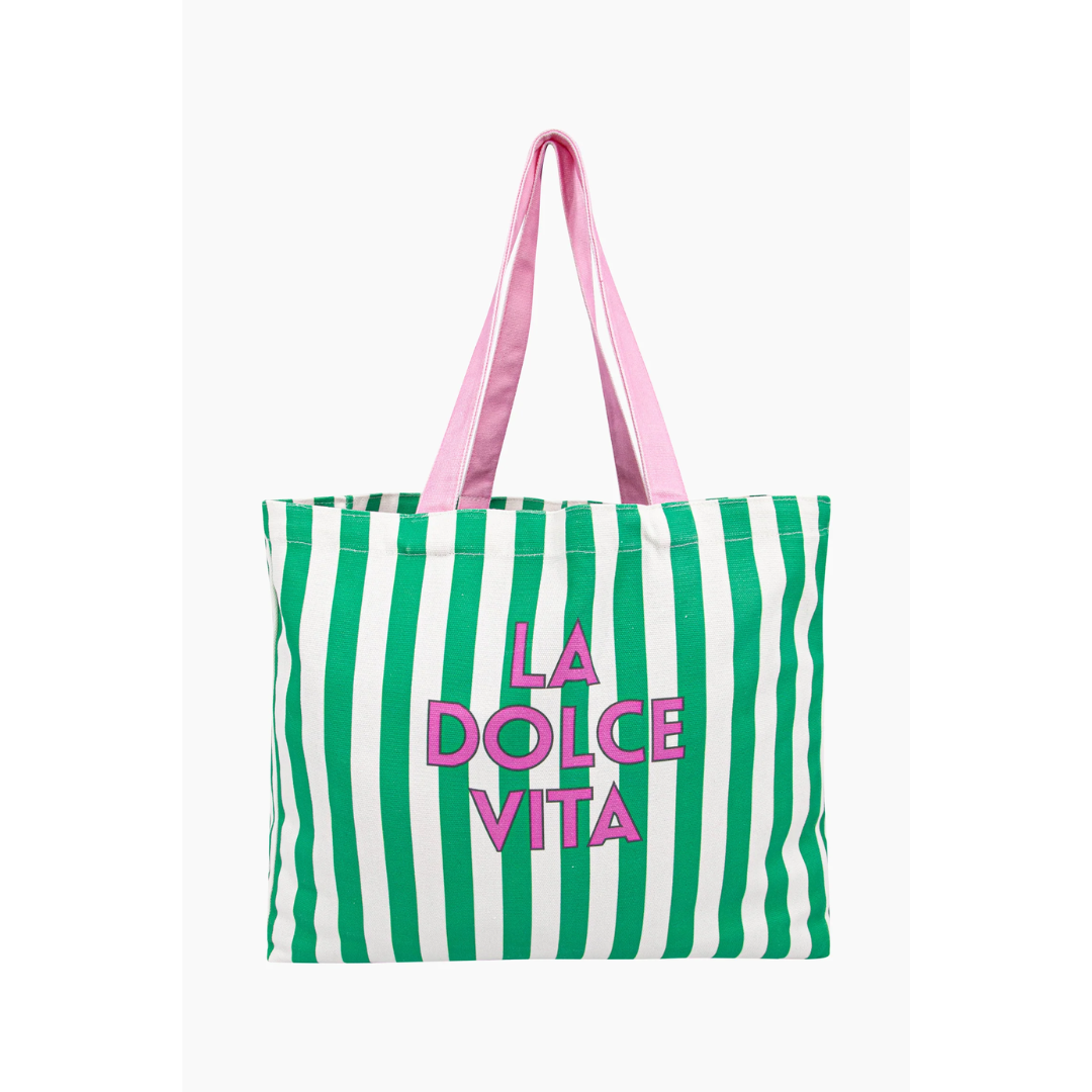 La Dolce Vita Striped Canvas Tote Bag in Green.png