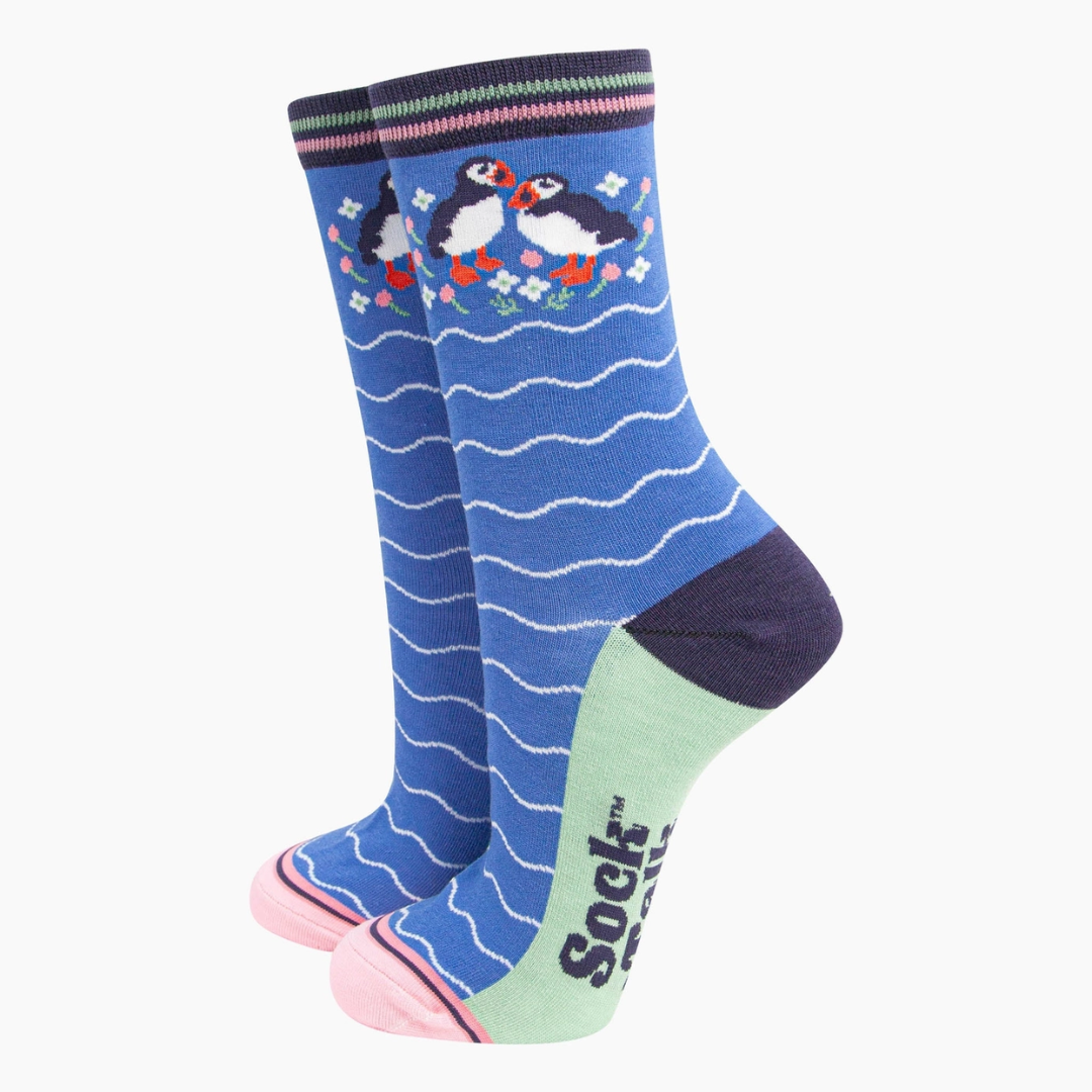 Women's Bamboo Socks - Blue, Puffins and Flowers.png