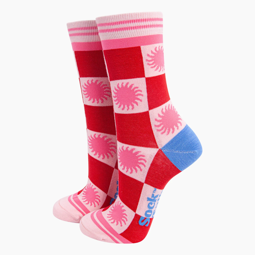 Sun Checkerboard Bamboo Socks in Red Pink.png