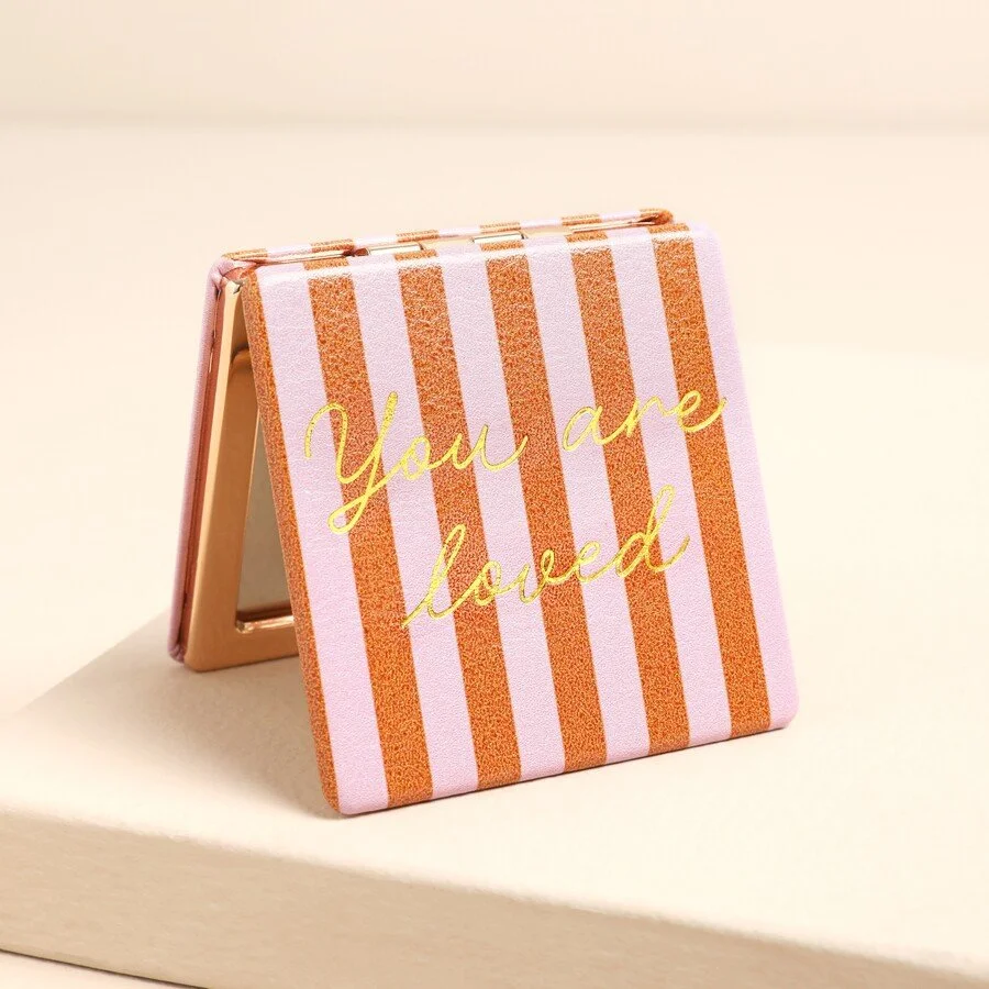 Lisa Angel Red and Pink Striped 'You are Loved' Compact Mirror