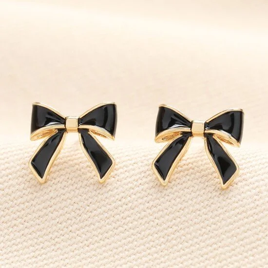 Lisa Angel Black Enamel Bow Stud Earrings in Gold