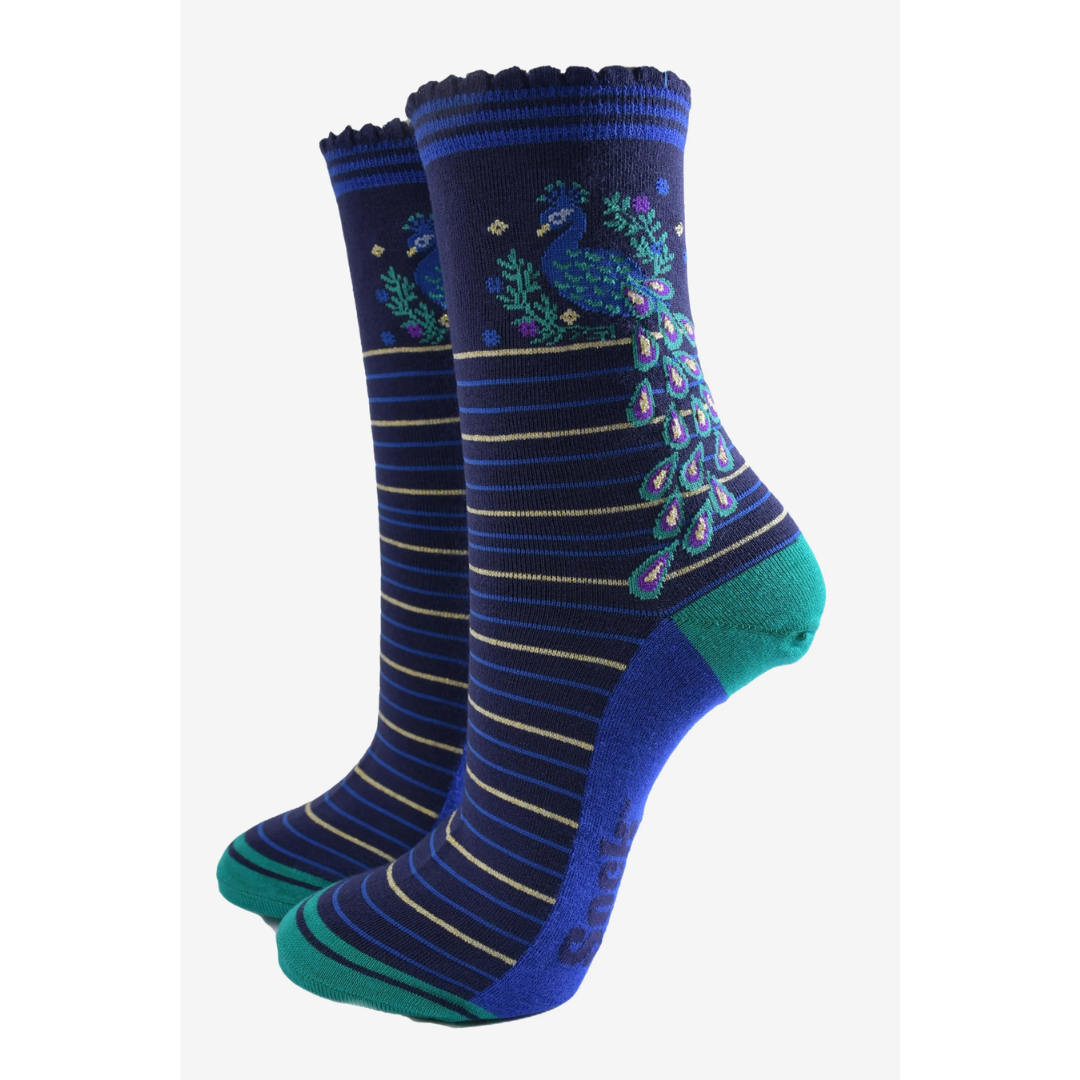 Women's Bamboo Socks - Navy Blue Teal, Peacock Wreath.png