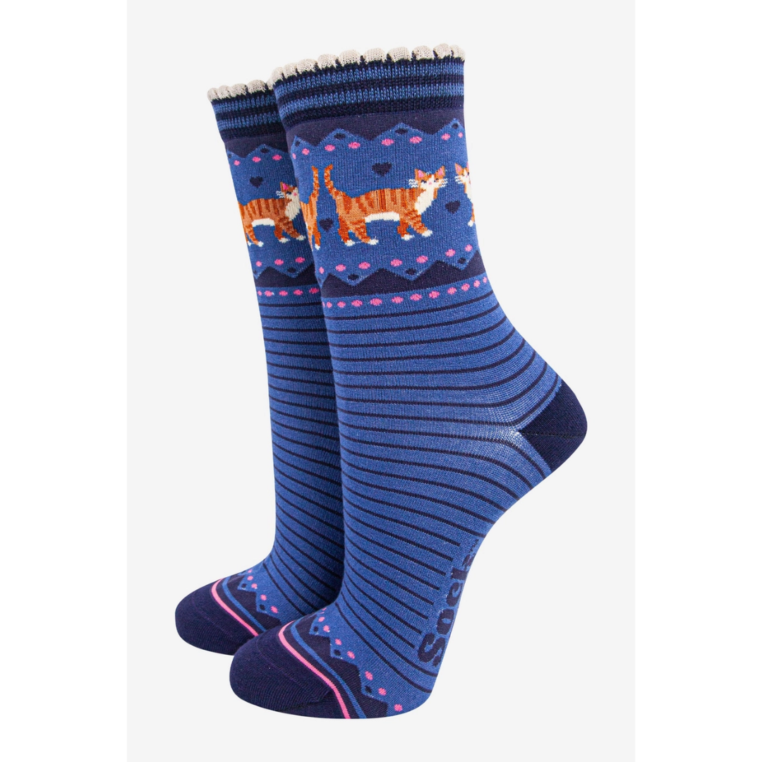 Women's Bamboo Socks - Denim Blue Navy Blue, Ginger Cats.png