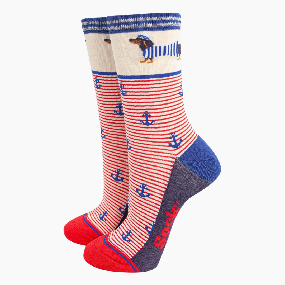 Women's Bamboo Socks - Cream, Sausage Dog Sailor Stripe.png