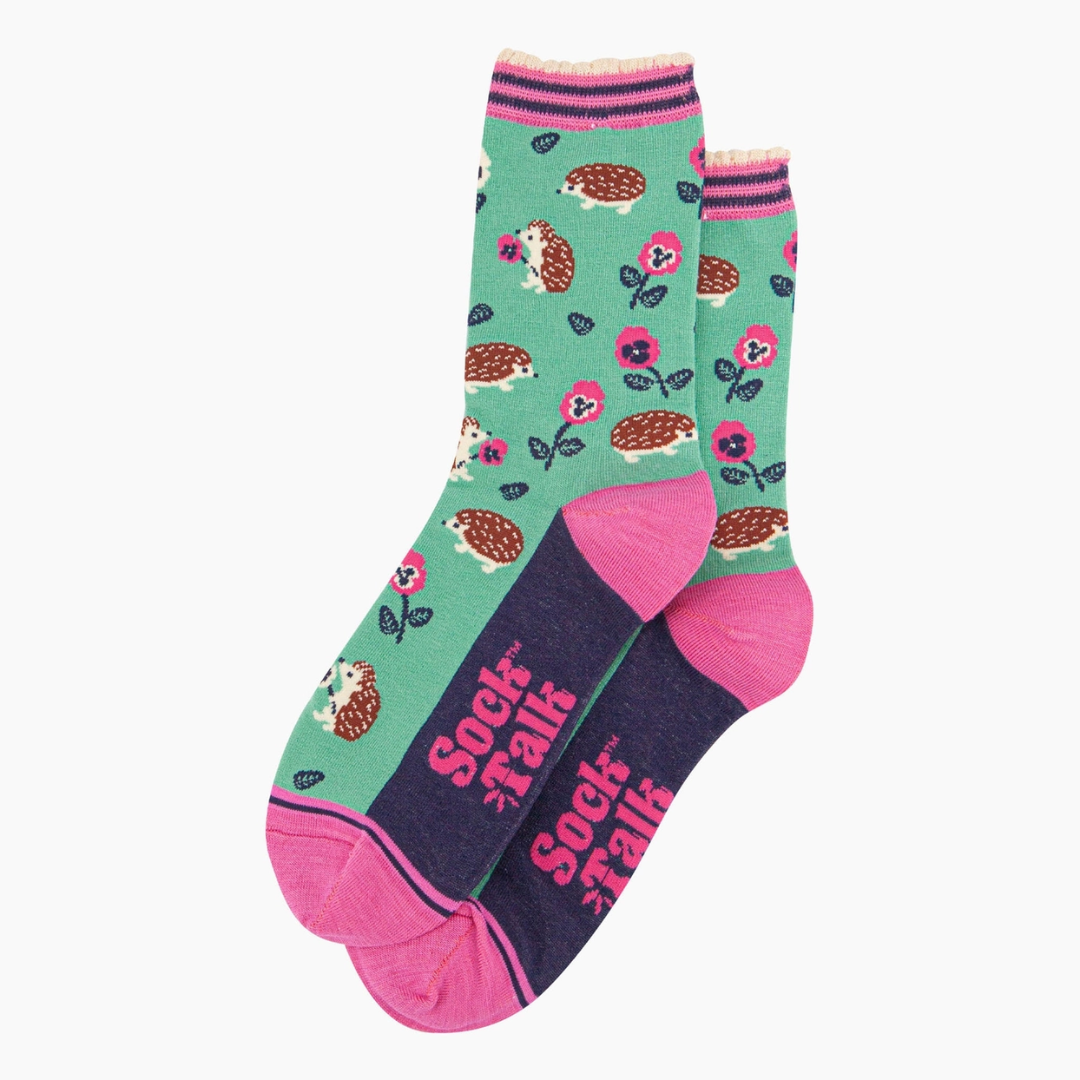 Women's Bamboo Socks - Mint, Hedgehog and Pansies2.png