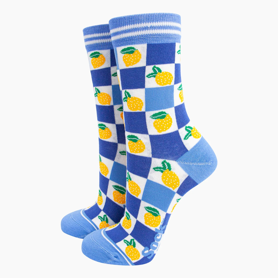 Lemon Checkerboard Bamboo Socks in Blue.png