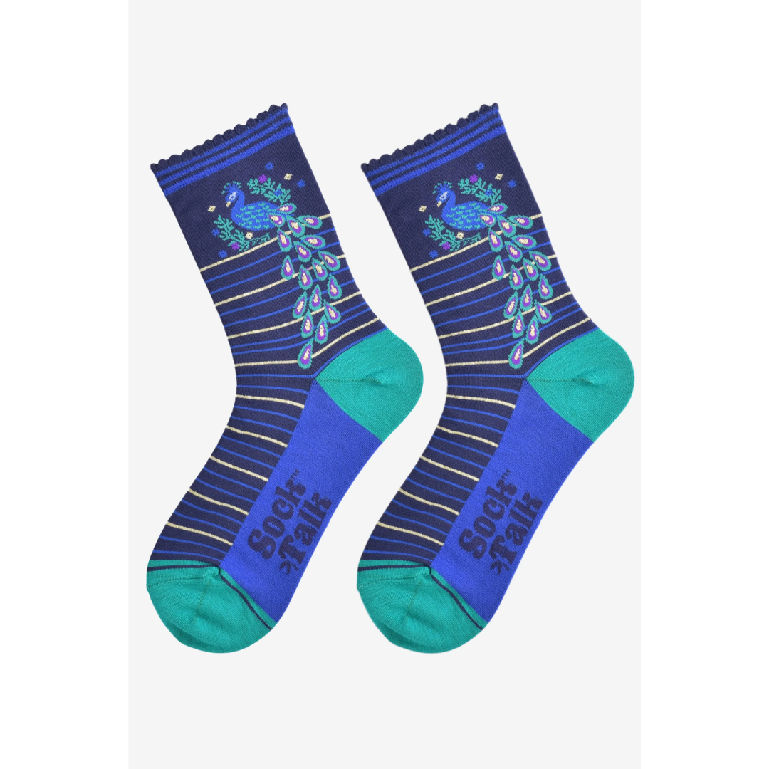 Women's Bamboo Socks - Navy Blue Teal, Peacock Wreath2.png