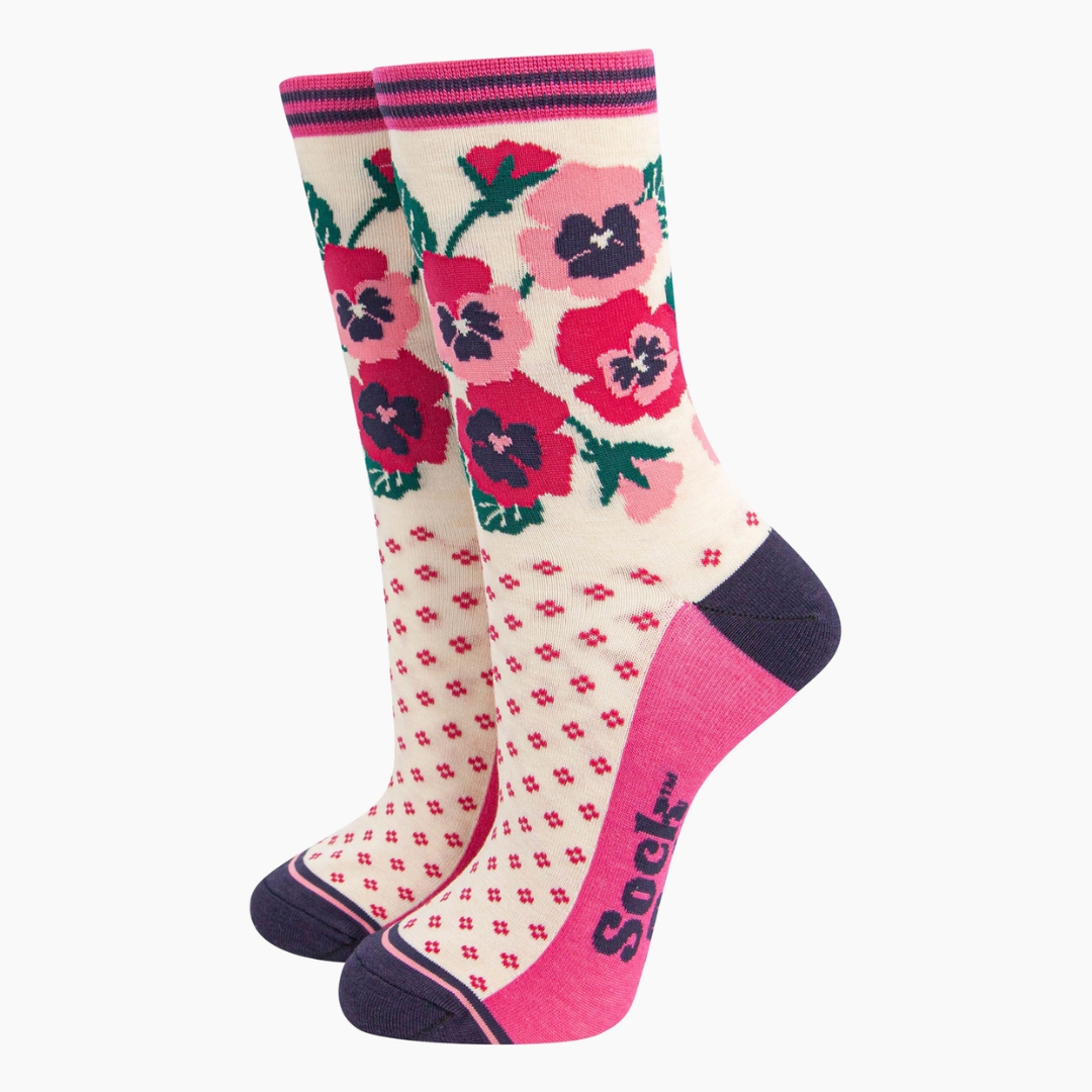 Women's Bamboo Socks - Cream Pink, Pansies.png