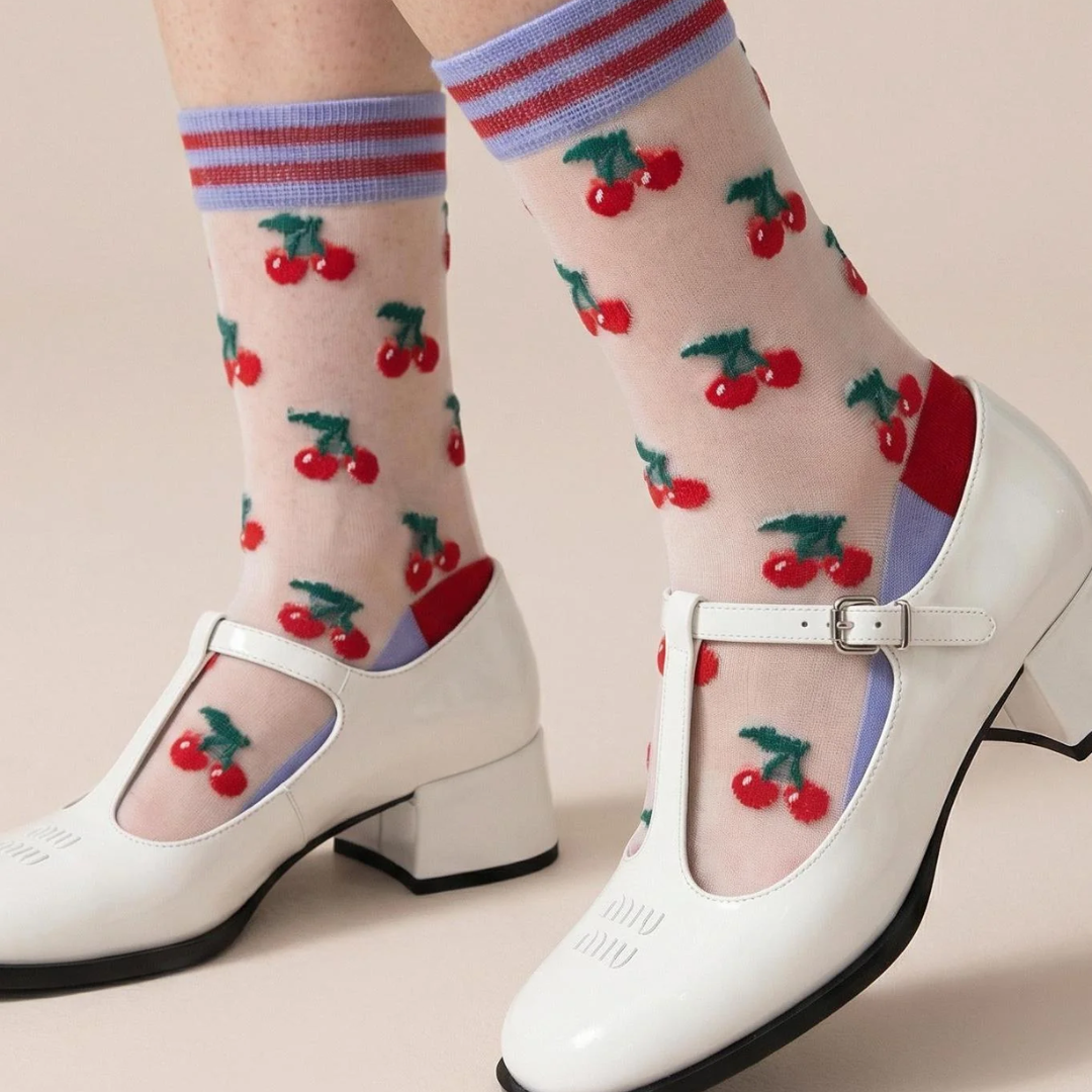 Cherry Fruit Combed Cotton Sheer Pop Socks2.png