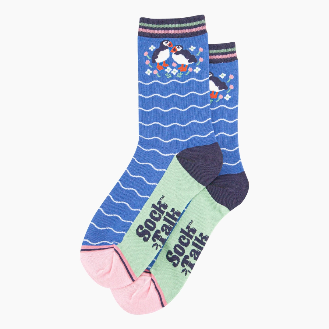 Women's Bamboo Socks - Blue, Puffins and Flowers2.png