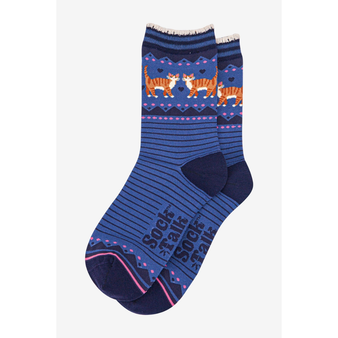 Women's Bamboo Socks - Denim Blue Navy Blue, Ginger Cats2.png