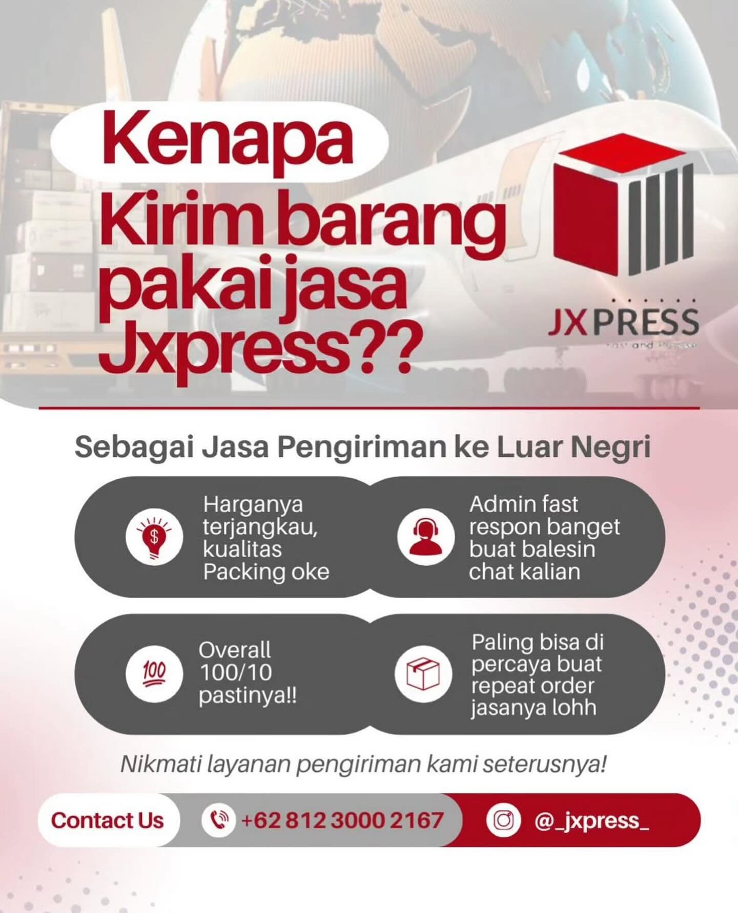 Mau kirim barang dari Indonesia ke Amerika Serikat? Pakai @_jxpress_ aja 📦🥳

Jasa pengiriman barang internasional yang sudah berpengalaman 😊

Kelebihan Jxpress:
* Barang sudah di antar langsung ke alamat tujuan ✅
* Harga yang sangat bersahabat ✅
*