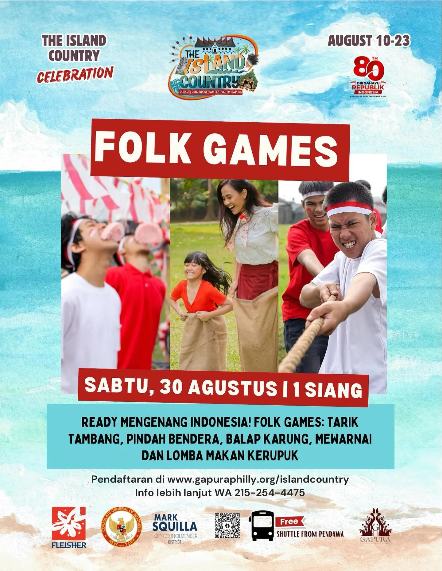 🔥 Lomba 17an paling seru hadir di Festival 30 Agustus 2025!
Balap karung, tarik tambang, makan kerupuk &amp; banyak lagi 🎉
🕐 Start: jam 1 siang. Yuk ramaikan! 🇮🇩✨

🔥 The 17an games are here at Festival, Aug 30th 2025!
Sack race, tug of war, cra