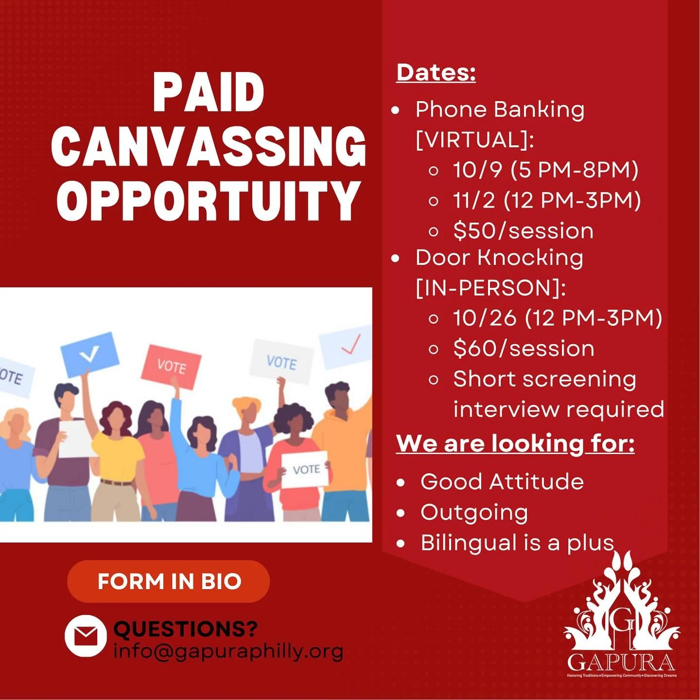 🗣️Community Callout! 🗣️
We are looking for folks interested in helping our community get out the vote for the upcoming Municipal Election. We have two opportunities: Door Knocking and Phone Banking. If you are interested, apply with the link in our
