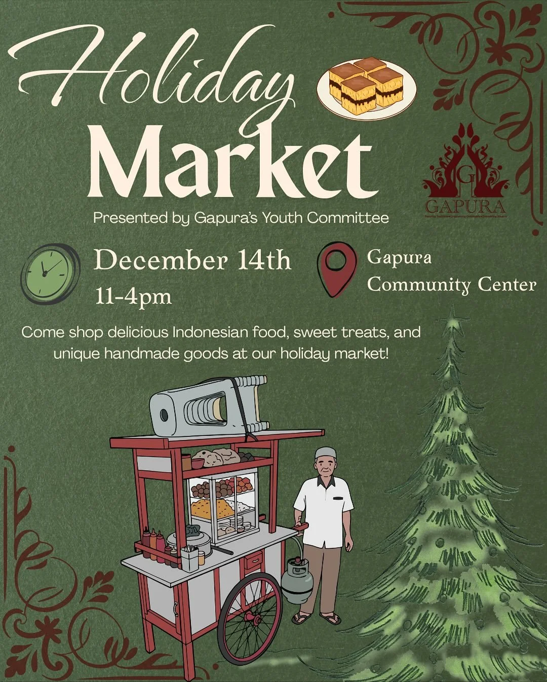 Come to our Holiday Market for delicious Indonesian food, sweet treats, handmade goods, and live performances! 🇮🇩✨
📅 December 14 | 🕛 11&ndash;4PM
📍 Gapura Community Center
We&rsquo;re also looking for vendors &mdash; check the slides for details