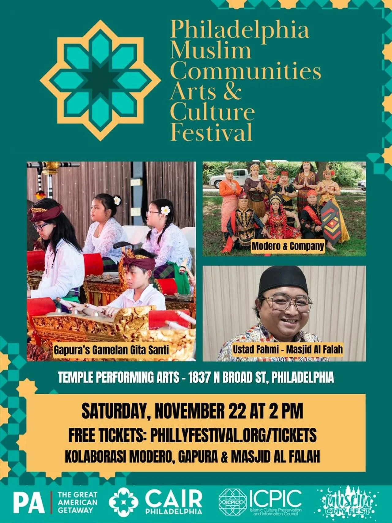 Hadiri Philadelphia Muslim Arts &amp; Culture Festival, Sabtu, 22 November di Temple Performing Arts. Modero &amp; Company mempersembahkan Tanah Bhineka Tunggal (Unity in a Diverse Land). Indonesia merupakan salah satu negara Muslim terbesar di dunia