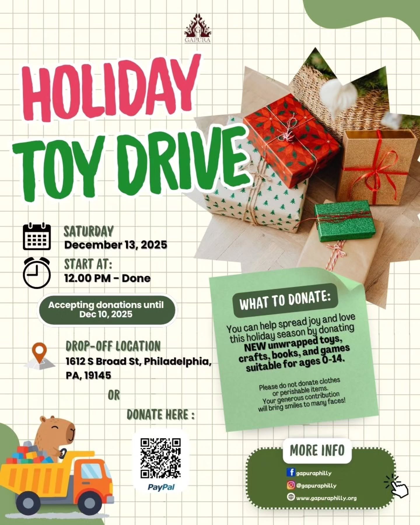 Gapura invites you to donate new toys for children ages 0&ndash;14.

How to Donate:
&bull; Drop off new toys during office hours:
&ndash; Mon: 12&ndash;2 PM
&ndash; Tue&ndash;Fri: 10 AM&ndash;2 PM
&bull; Or donate any amount via cash/link: https://ww