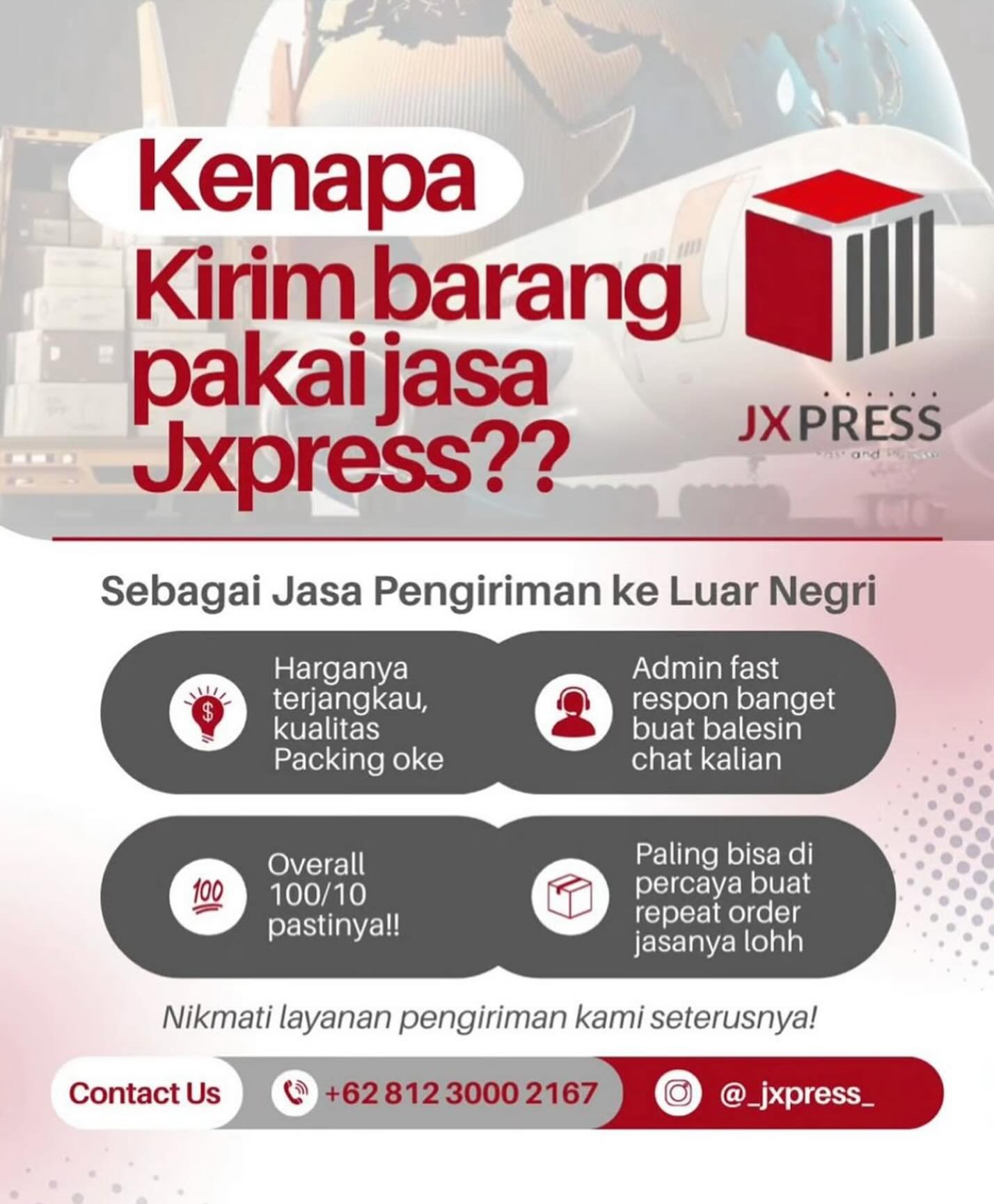 Mau kirim barang dari Indonesia ke Amerika Serikat? Pakai @_jxpress_ aja 📦🥳

Jasa pengiriman barang internasional yang sudah berpengalaman 😊

Kelebihan Jxpress:
* Barang sudah di antar langsung ke alamat tujuan ✅
* Harga yang sangat bersahabat ✅
*