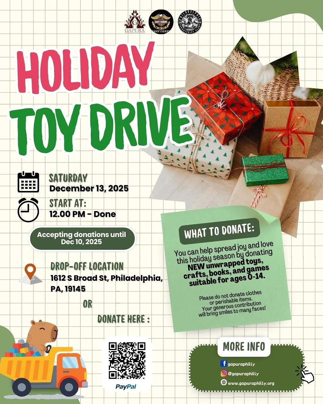Gapura, in collaboration with HDCI USA East Coast and the Philadelphia Scooterist Club, invites you to donate and share new toys for children ages 0&ndash;14.

How to Donate:
&bull; Drop off new toys during office hours:
&ndash; Mon: 12&ndash;2 PM
&n