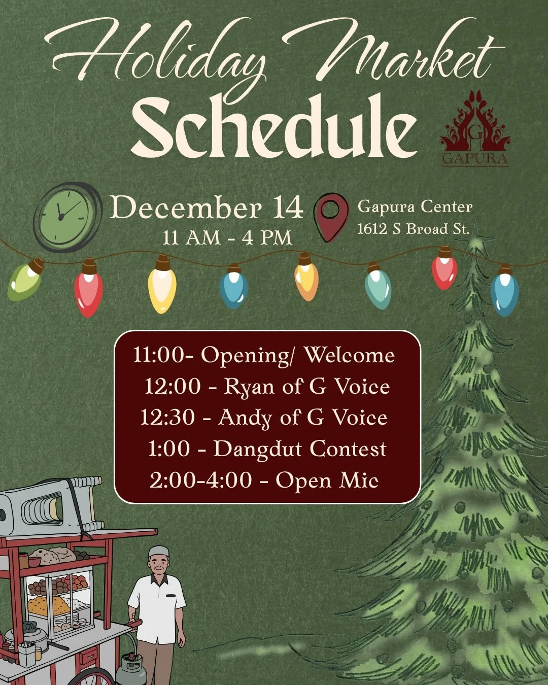 Counting down the hours until our first ever HOLIDAY MARKET tomorrow!! 🎄🎊
📍1612 S Broad Street (right in front of our community center)
Here&rsquo;s our schedule and menu for now&hellip; 
🎤$25 gift card for 1st place in the dangdut contest btw
🍛