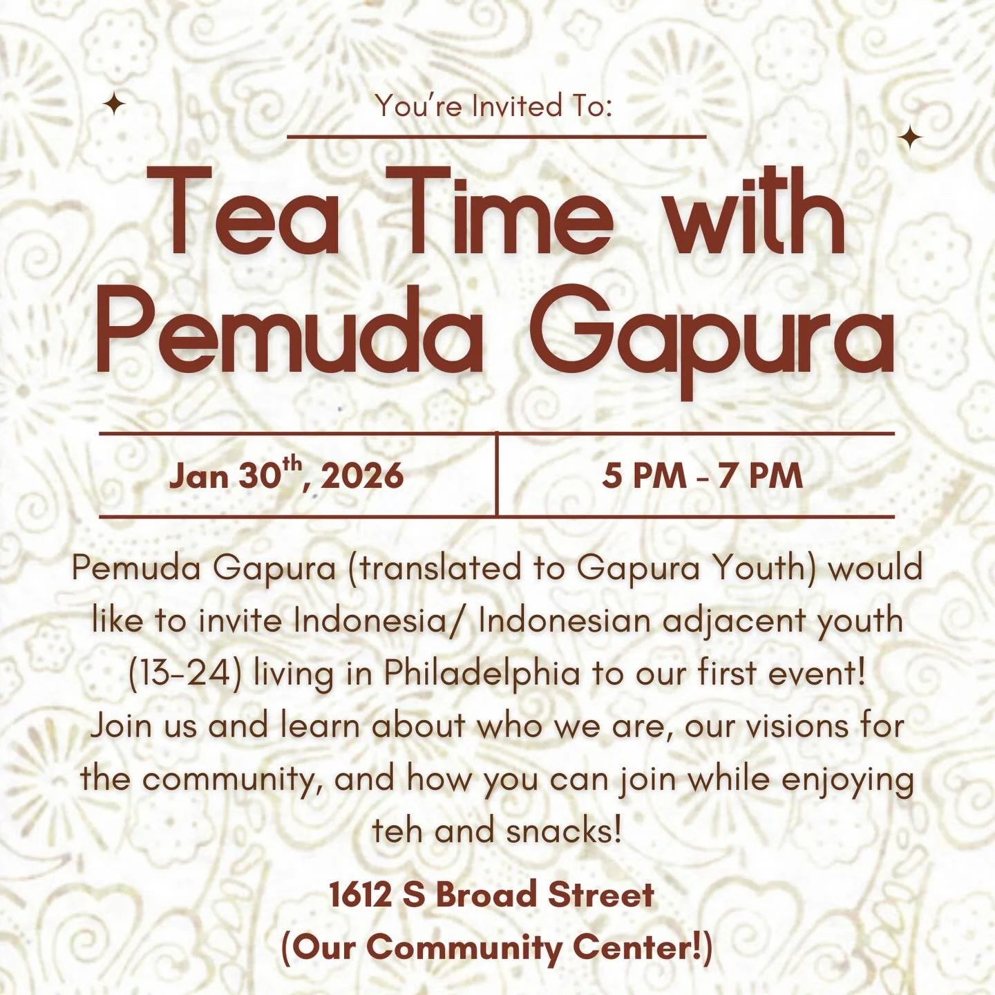 CALLING ALL INDO YOUTH IN PHILLY 🗣️📣

We are so excited to announce the launch of PEMUDA GAPURA 🇮🇩, our new youth programming! We love all of our youth volunteers and want to create a centralized program for everyone to meet each other &amp; buil