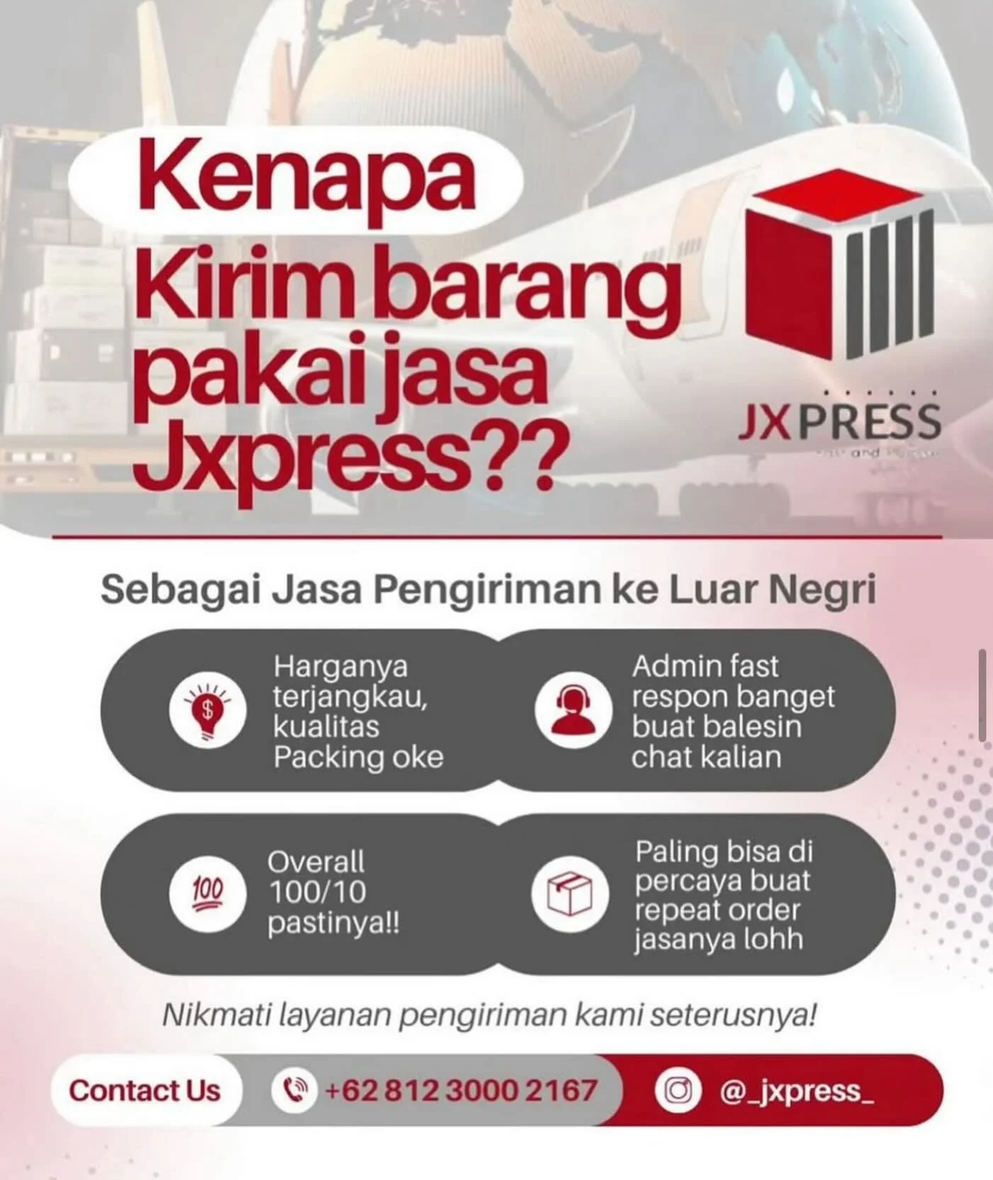 Mau kirim barang dari Indonesia ke Amerika Serikat? Pakai @_jxpress_ aja 📦🥳

Jasa pengiriman barang internasional yang sudah berpengalaman 😊

Kelebihan Jxpress:
* Barang sudah di antar langsung ke alamat tujuan ✅
* Harga yang sangat bersahabat ✅
*
