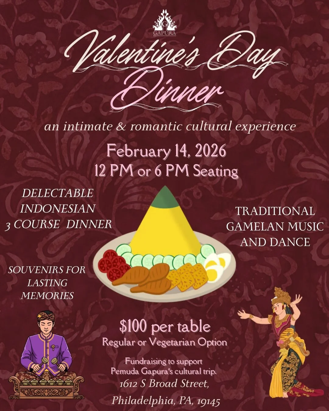 💌 Roses are red, violets are blue, we heard about some dinner plans that are perfect for YOU ✨
❤️&zwj;🔥This Valentine&rsquo;s Day, we are hosting an intimate lunch/dinner and cultural show featuring a delectable dinner 🥘, traditional gamelan music