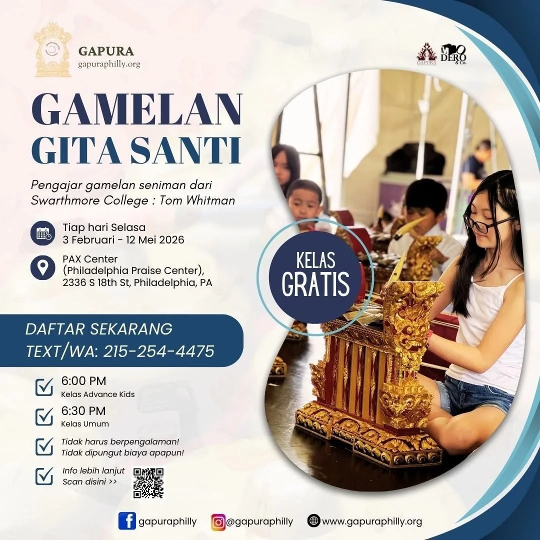 Belajar Gamelan GRATIS di Philadelphia!
No experience needed &mdash; start from zero 🙌

📅 3 Februari &ndash; 12 Mei 2026
🗓 Setiap hari Selasa
📲 Daftar via text/WA: Gapura 215-254-4475
⚠️ Slot terbatas!

&mdash;

New year, new skill 🎶
Learn Gamel