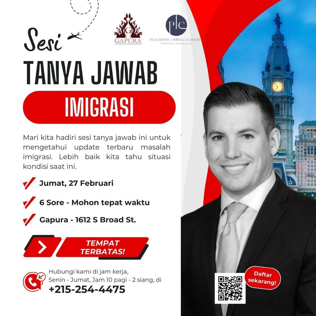 Terima kasih atas antusiasme Anda dalam mengikuti kegiatan "Sesi Tanya Jawab tentang Imigrasi", kolaborasi antara Gapura Philadelphia dan PIC Law. Mohon melengkapi formulir pendaftaran di bawah ini atau scan barcode untuk mendaftar, terima 