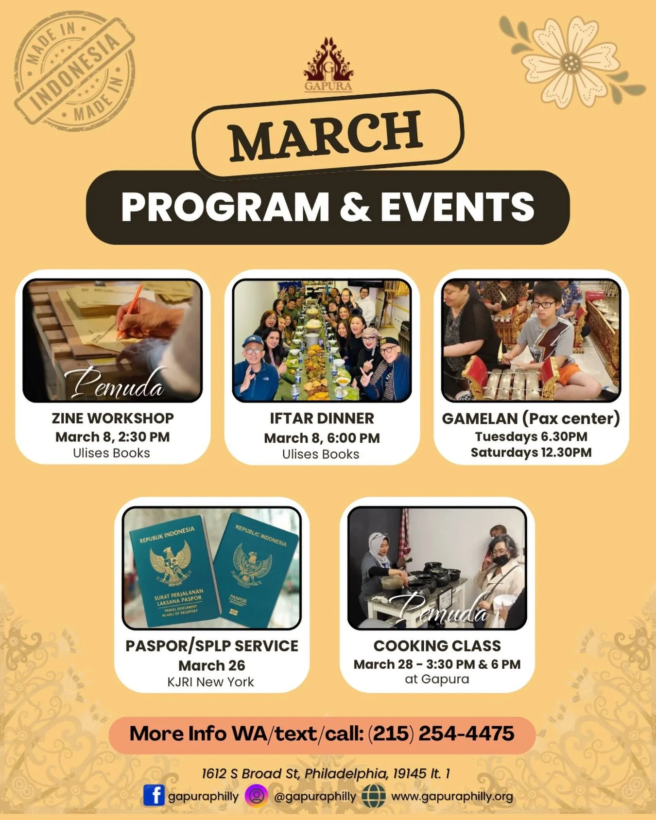 Event Gapura &ndash; Maret 2026

Bulan ini Gapura menghadirkan berbagai kegiatan seru untuk komunitas. Yuk ikut dan meramaikan!

📚 Zine Workshop 8 Mar | 2.30 PM
🌙 Iftar Dinner 8 Mar | 6.00 PM
🎶 Gamelan di Pax Center
Setiap Selasa | 6.30 PM
Setiap 