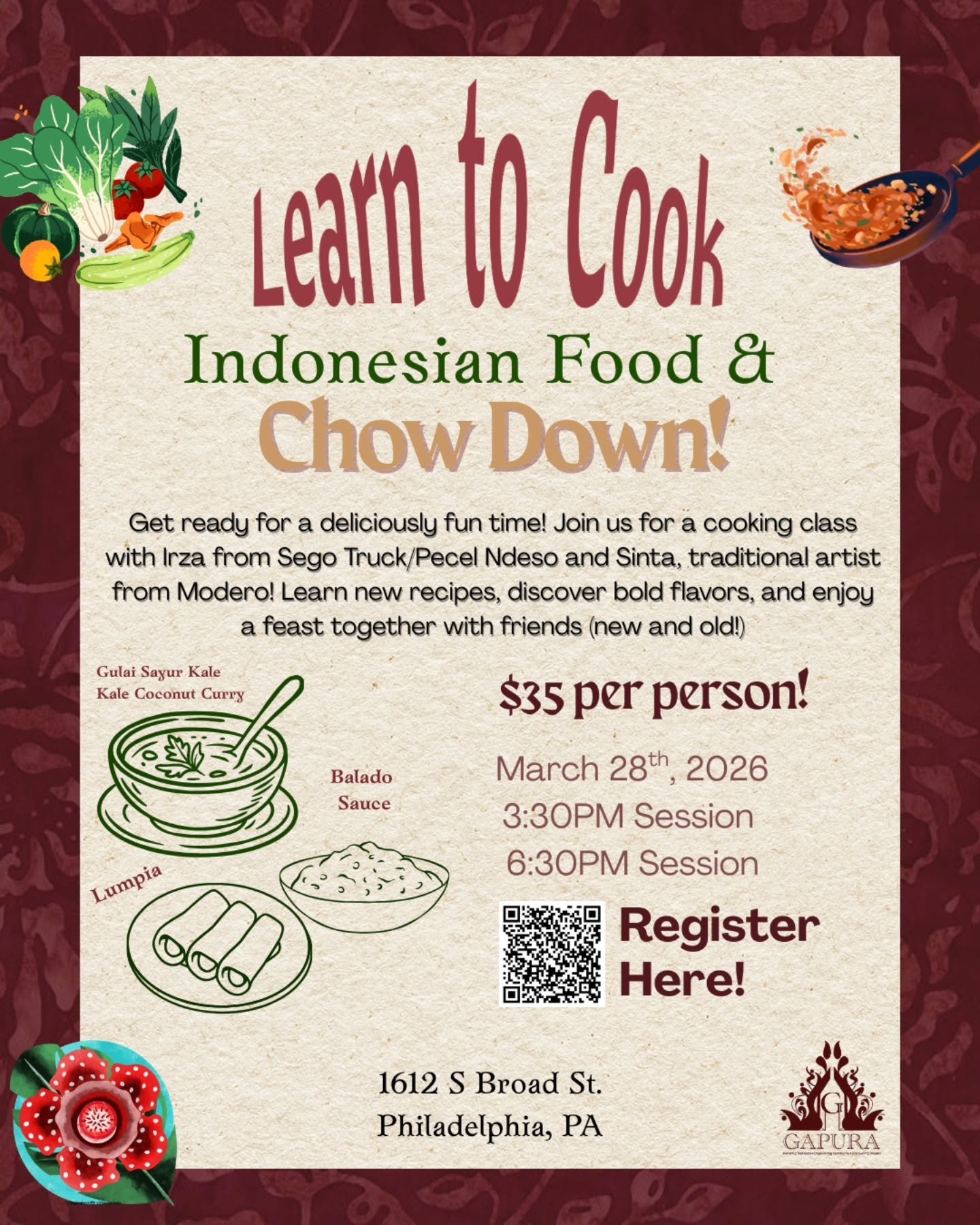 Join us for an Indonesian Cooking Class! 🇮🇩🍽️
Help support our Gamelan group while learning to make:
&bull;⁠ ⁠Gulai Sayur Kale
&bull;⁠ ⁠Balado
&bull;⁠ ⁠Lumpia
We&rsquo;ll cook together and finish with a delicious shared meal!

📅 March 28
⏰ 3:30 P
