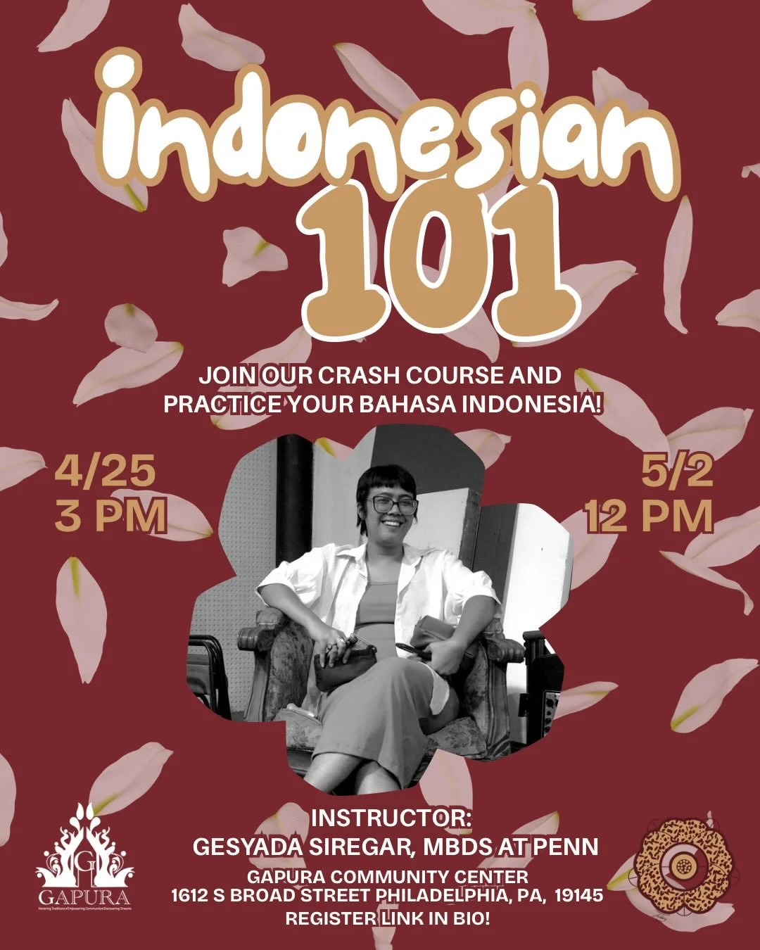 For the next two weekends, we are excited to announce our Bahasa Indonesian crash course featuring the lovely @gesyada! 🇮🇩🗣️

Join us 4/25 at 3 PM &amp; 5/2 at 12 PM for our Indonesian 101 class right here at our community center (1612 S Broad St)