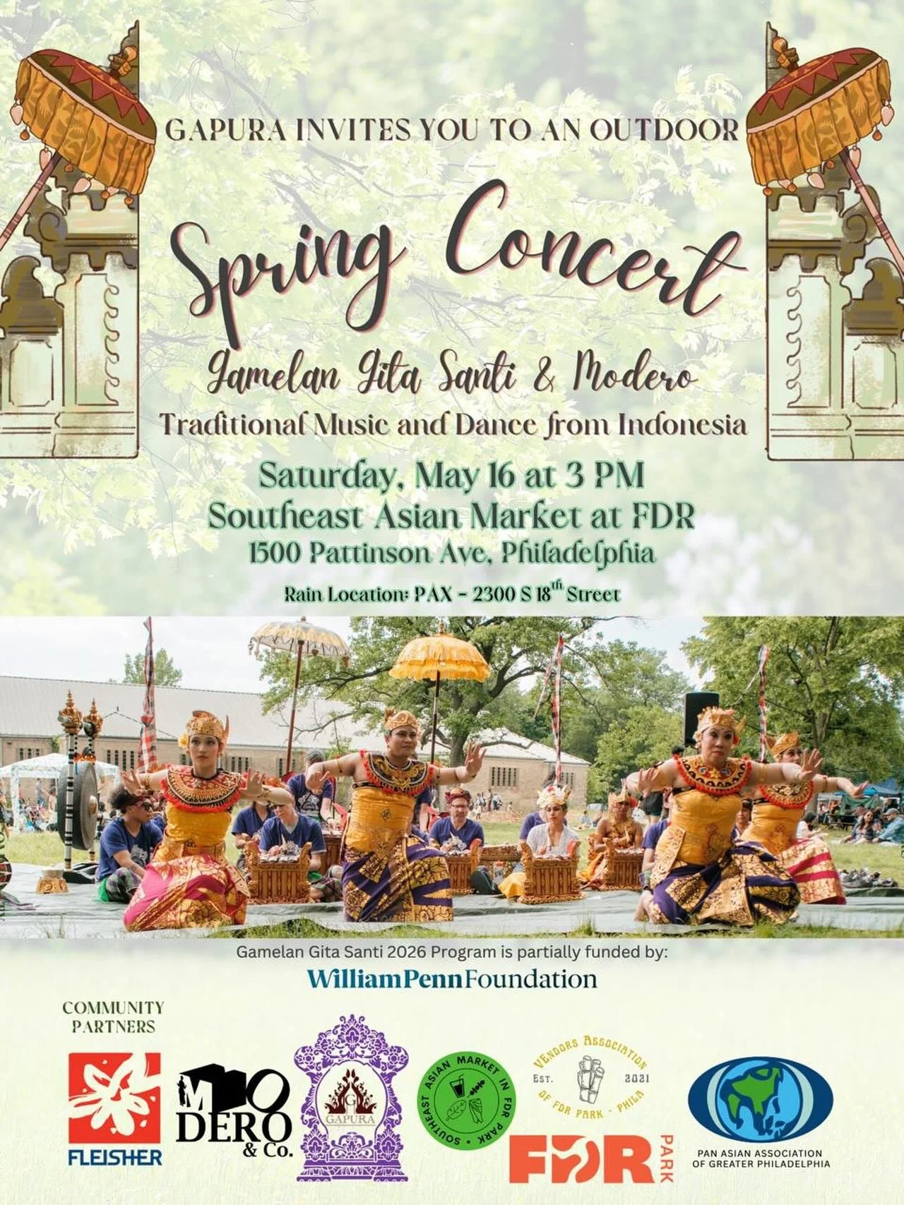 🌸 Spring Concert: Gamelan Gita Santi &amp; Modero 🌸
Sore penuh budaya bersama Gapura! Nikmati musik Gamelan dan tari tradisional Indonesia yang memukau.

✨ Artists: I Nyoman Suadin, Detty Kastubi Aziz, Sinta Penyami Storms &amp; Tom Whitman.

🗓 Sa