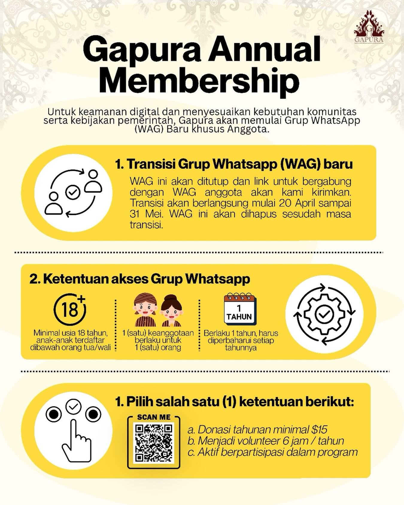 Teman-teman komunitas yang baik, 
dengan banyaknya perubahan kebutuhan komunitas, keamanan digital dan kebijakan pemerintah, dimulai bulan Mei 2026, Gapura akan memulai grup WhatsApp baru khusus bagi anggota komunitas yang akan aktif mendukung progra