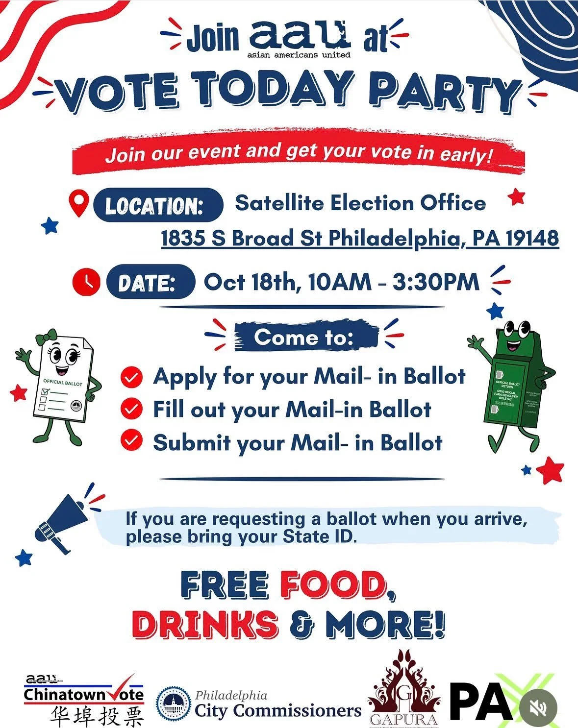 🎉 Join Us at Our Vote Today Party! 🗳️

Come enjoy free food and drinks while taking care of your voting needs! You can apply for, fill out, or submit your mail-in ballot&mdash;all in one event.

📌 Please Note: If you&rsquo;re requesting a mail-in 