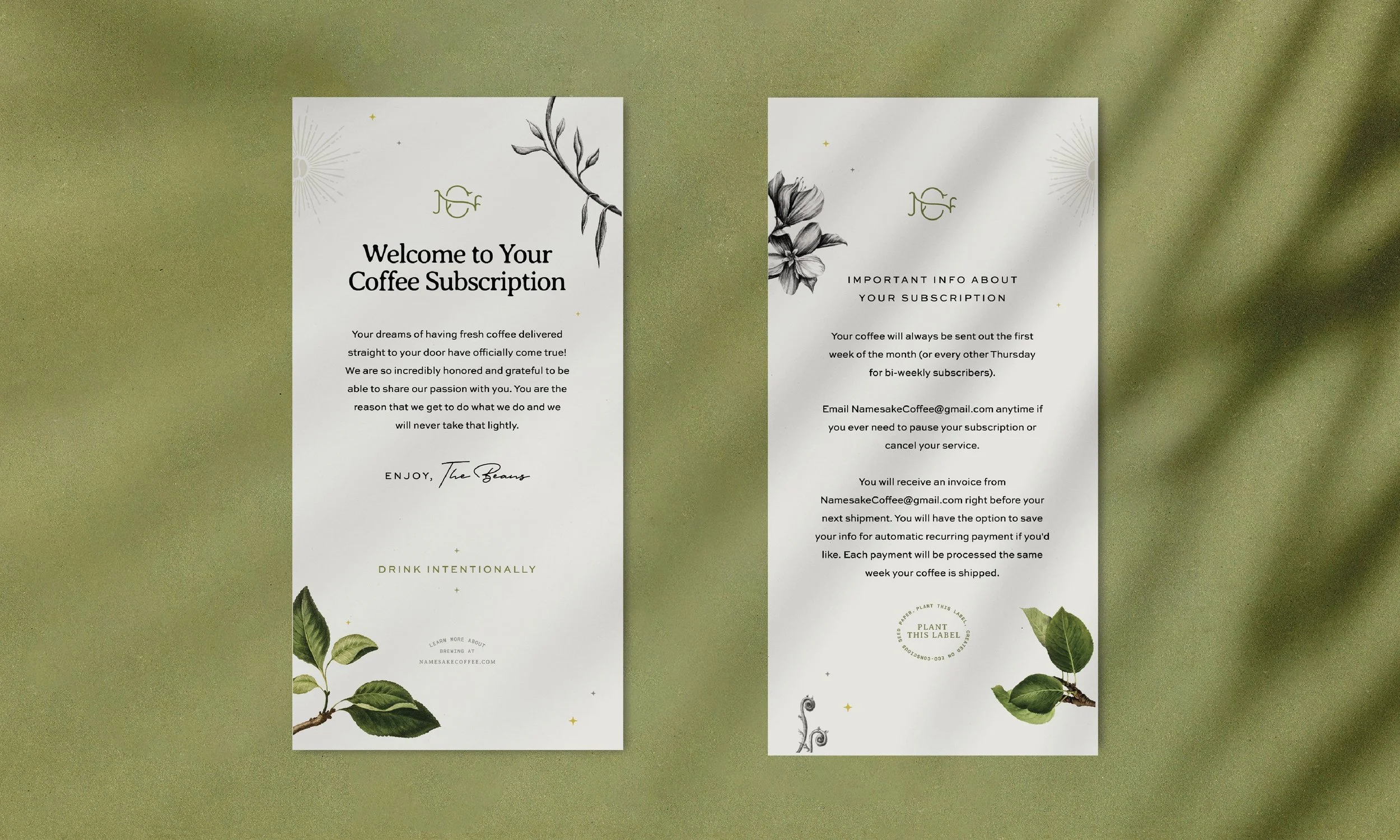 namesake coffee subscription welcome cards.