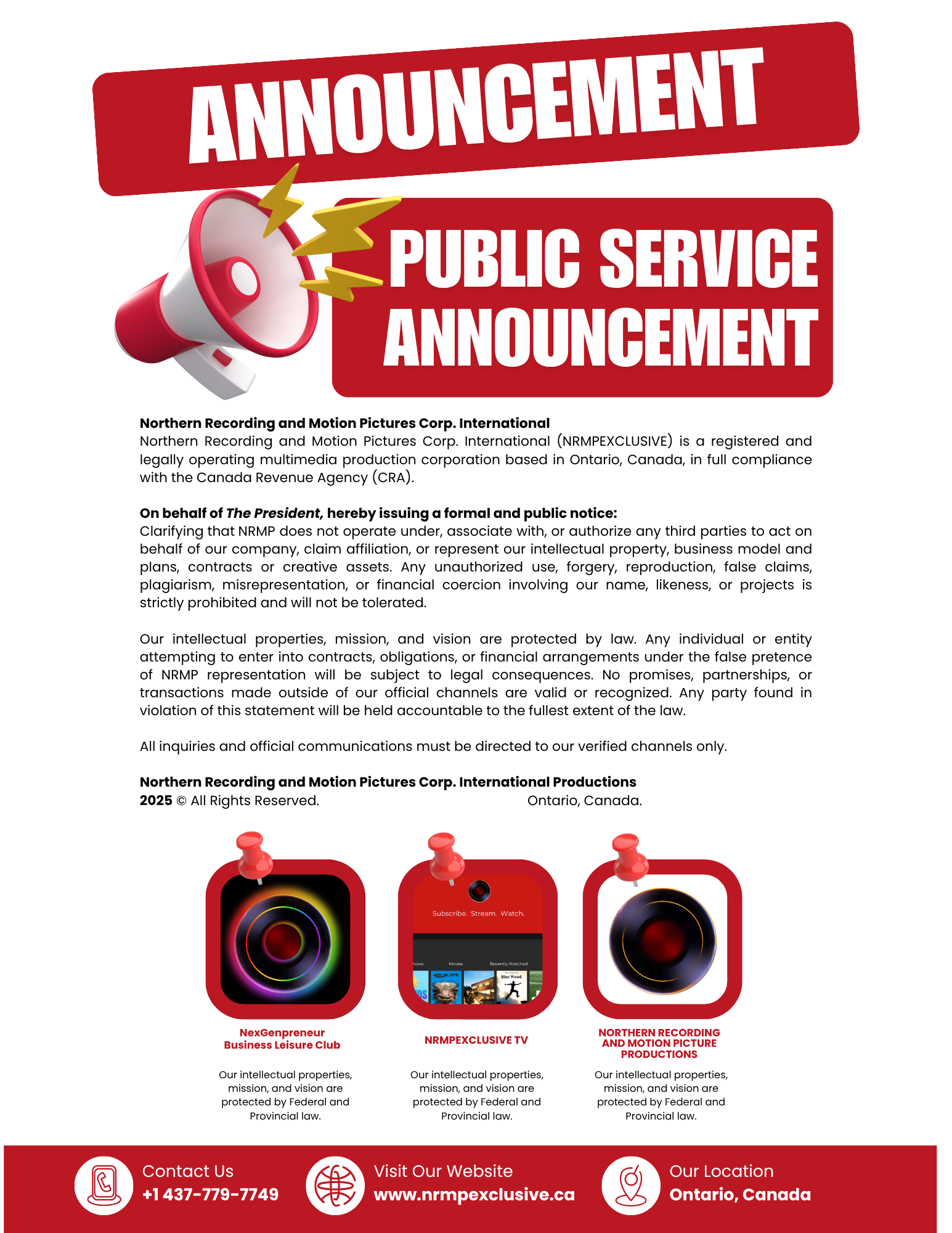 Announcement from Northern Recording and Motion Pictures Corp. with a red megaphone icon, including legal and copyright information, and three social media icons at the bottom.