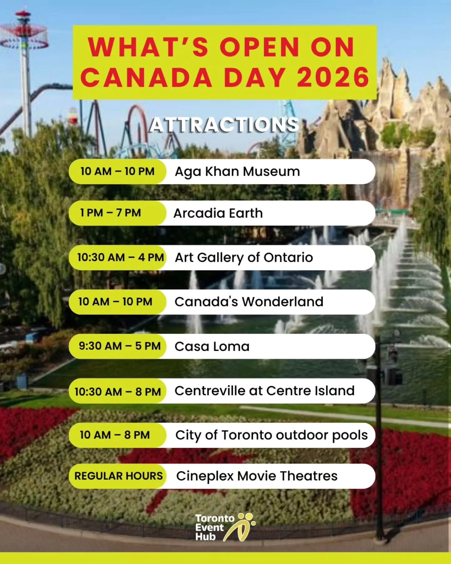 What's OPEN on Canada Day 2026? 🍁✨

Looking for something to do or needing to pick up something for your July 1 gathering? Here's a list of what's open across the GTA!

🎡 Attractions
&bull; Aga Khan Museum &mdash; 10 am &ndash; 10 pm
&bull; Arcadia