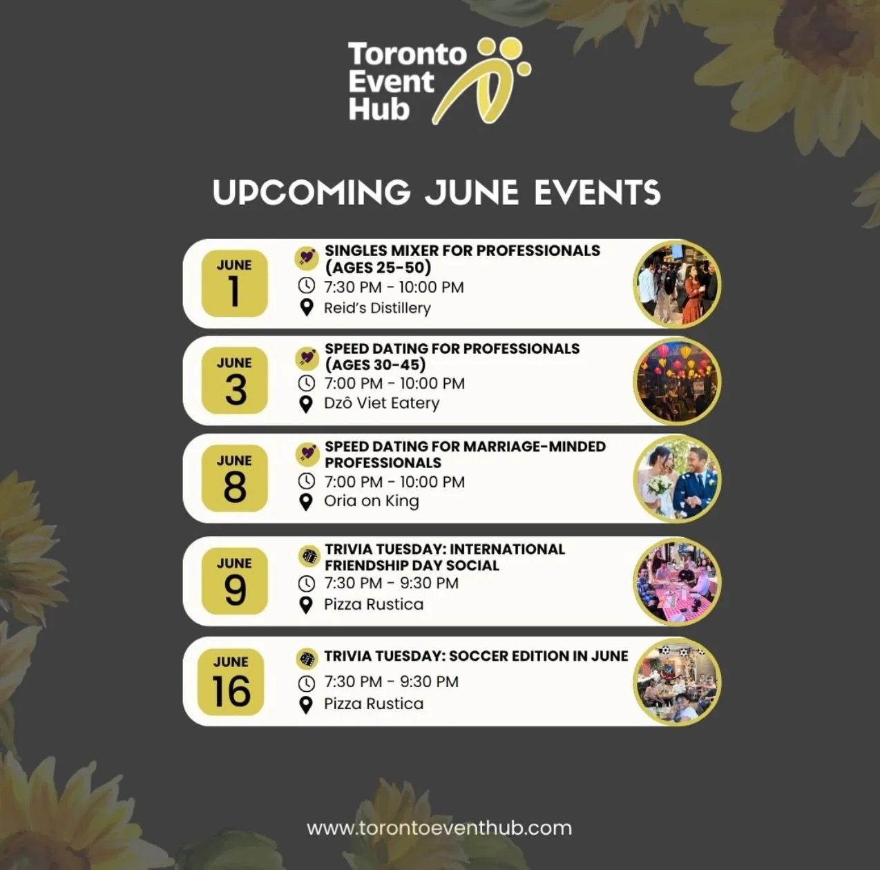 ☀️ Toronto&rsquo;s best events happen when you actually leave the group chat.
This June, we&rsquo;re bringing together professionals, entrepreneurs, singles, trivia lovers, dog lovers, and people simply looking to get out and meet others across the c