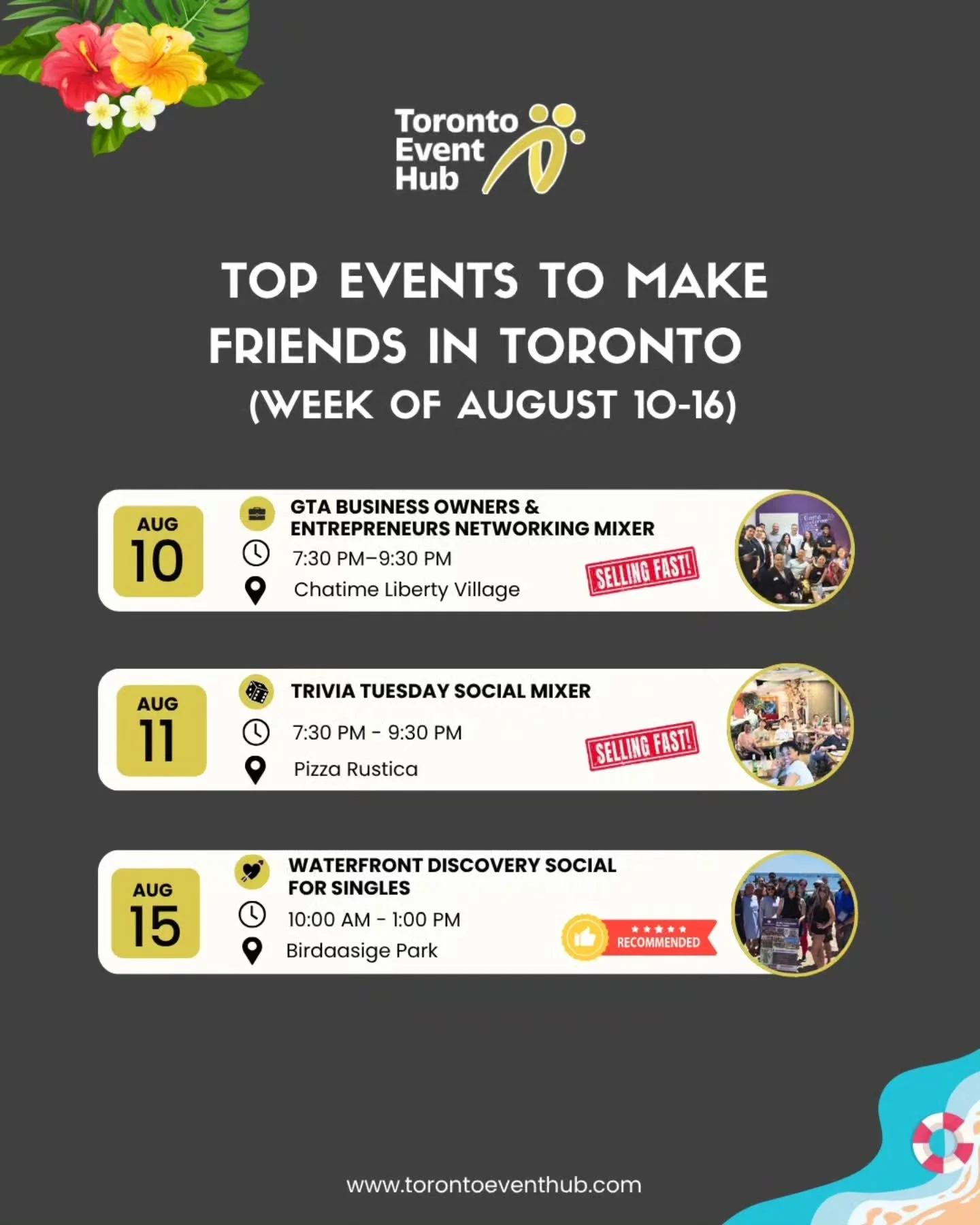 ✨ Top Events to Make Connections in Toronto This Week ✨

💼 Aug 10 &ndash; GTA Business Owners &amp; Entrepreneurs Networking Mixer 
🧠 Aug 11 &ndash; Trivia Tuesday Social Mixer
🌊 Aug 15 &ndash; Waterfront Discovery Social for Singles

🎟️ Tickets 