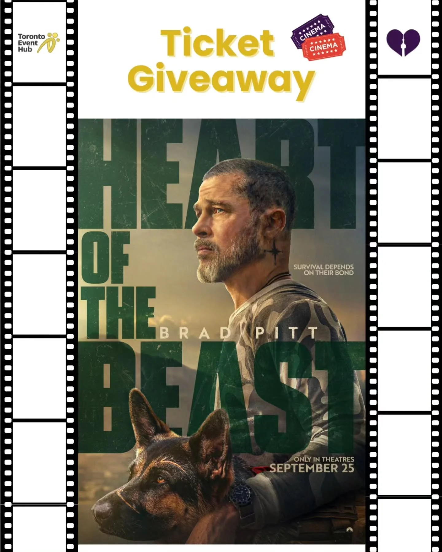 🎥🍿MOVIE PASS GIVEAWAY

⭐Thanks to&nbsp;@paramountpics&nbsp;@thetarogroup&nbsp;we're giving away Toronto advance screening passes to see&nbsp;HEART OF THE BEAST&nbsp;@Heartofthebeast&nbsp;starring Brad Pitt.

Date: Thursday, September 10th
Time: 7:0