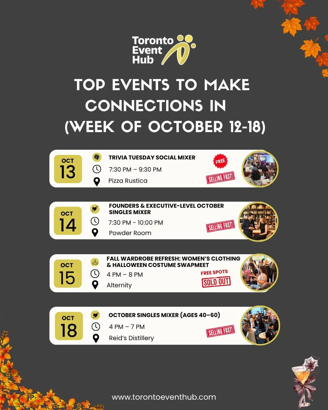 🍂✨ The fun doesn&rsquo;t have to stop after the Thanksgiving long weekend!

Here&rsquo;s what&rsquo;s coming up this week at Toronto Event Hub 👇

🧠 Oct 13 &ndash; Trivia Tuesday Social Mixer@pizzarustica.toronto 

🥂 Oct 14 &ndash; Founders &amp; 