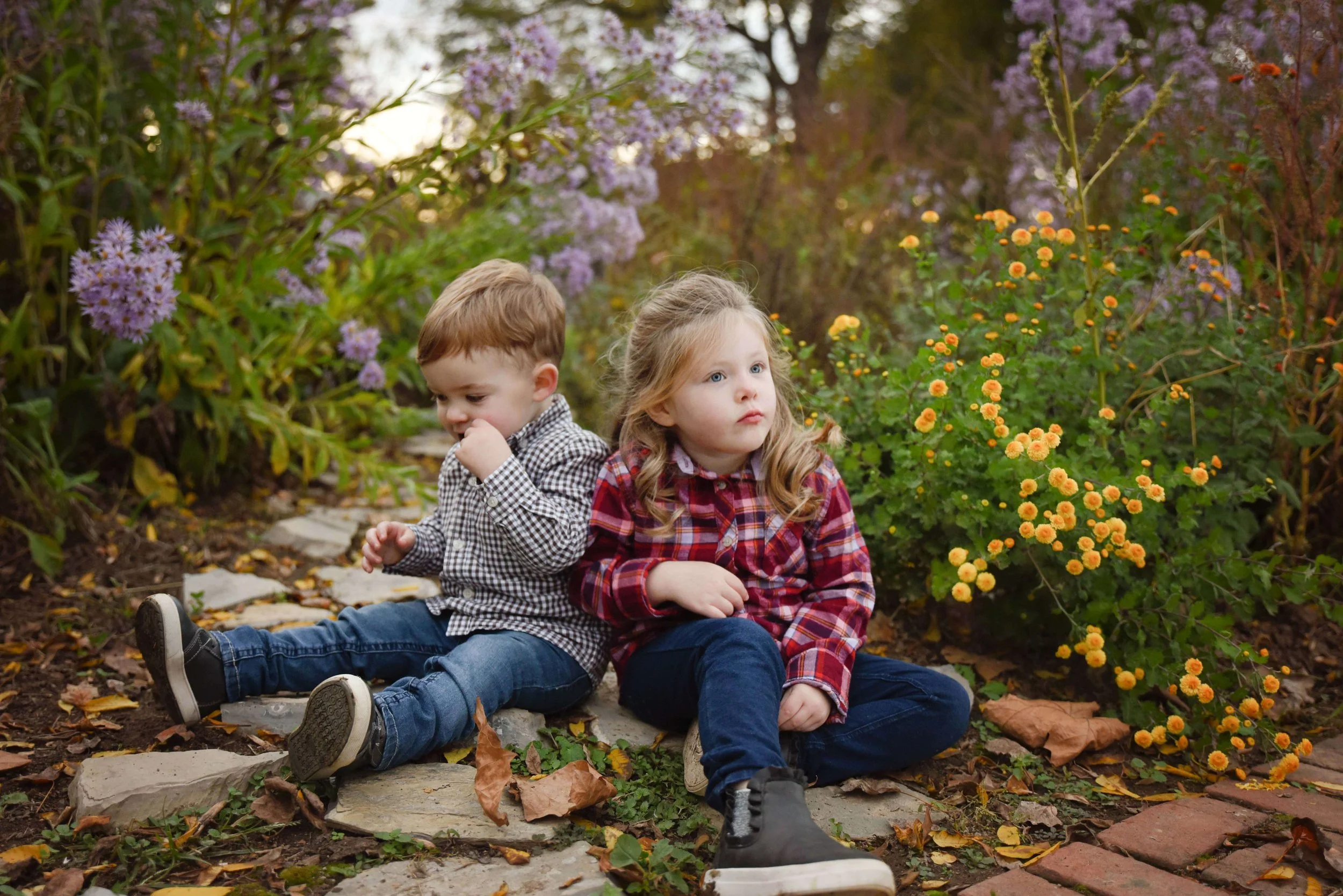 Children's outdoor portrait in a flower garden by Depiction Portraits, serving Woodstock and the Shenandoah Valley, Virginia
