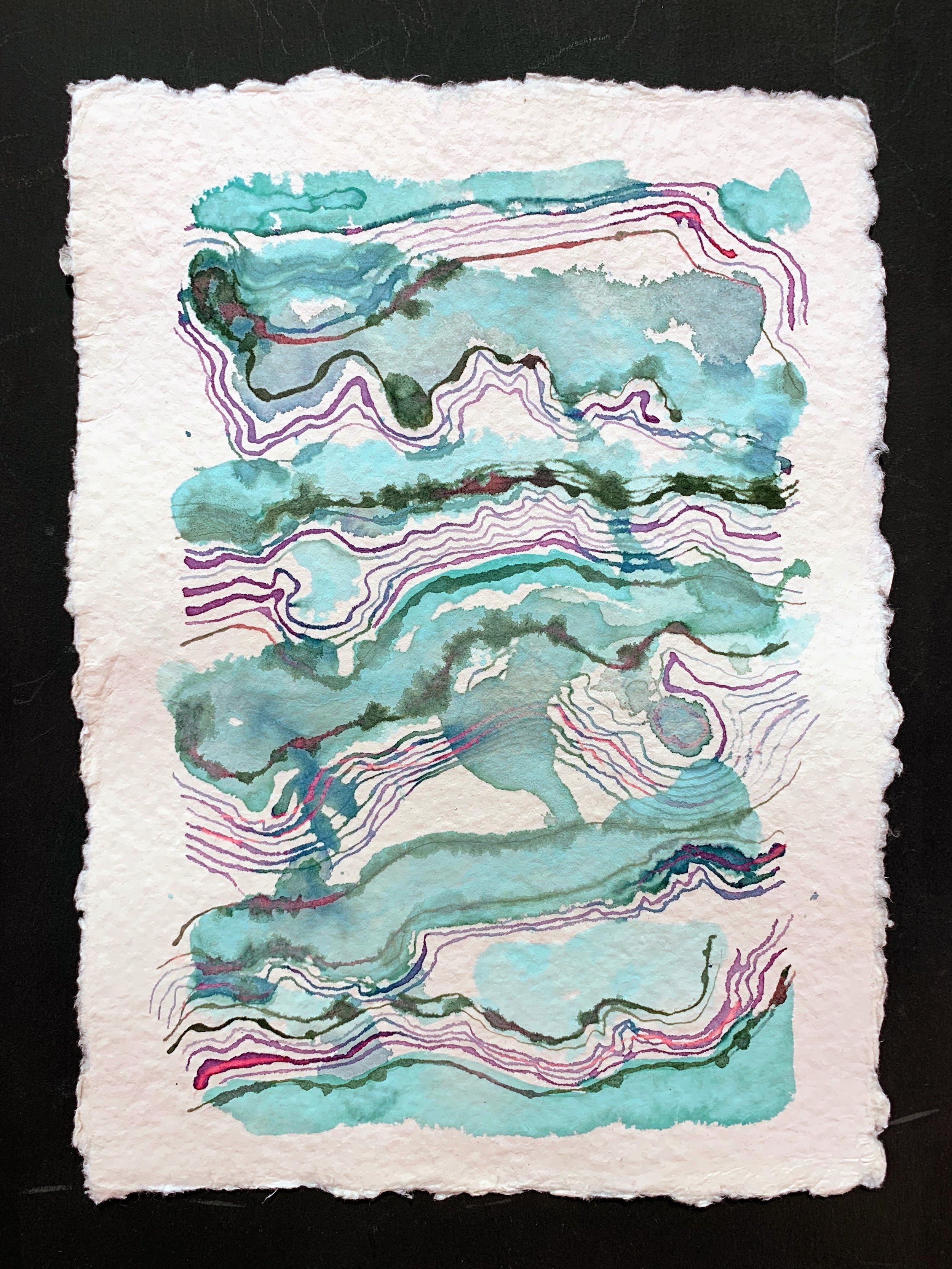 Environmental drawing about wind and water by Joanne Mouland - natural handmade inks on handmade rag paper