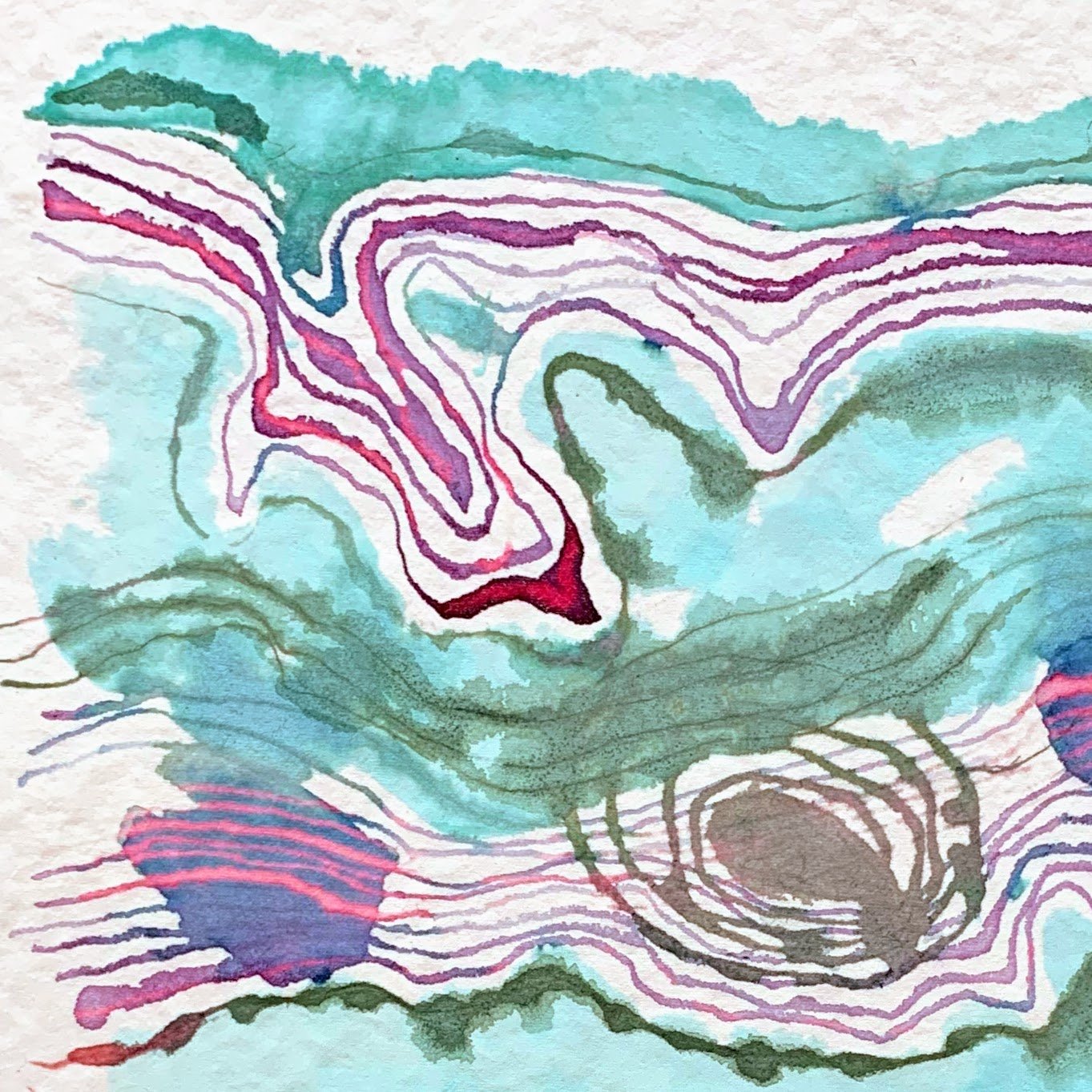 Environmental drawing about wind and water by Joanne Mouland - natural handmade inks on handmade rag paper