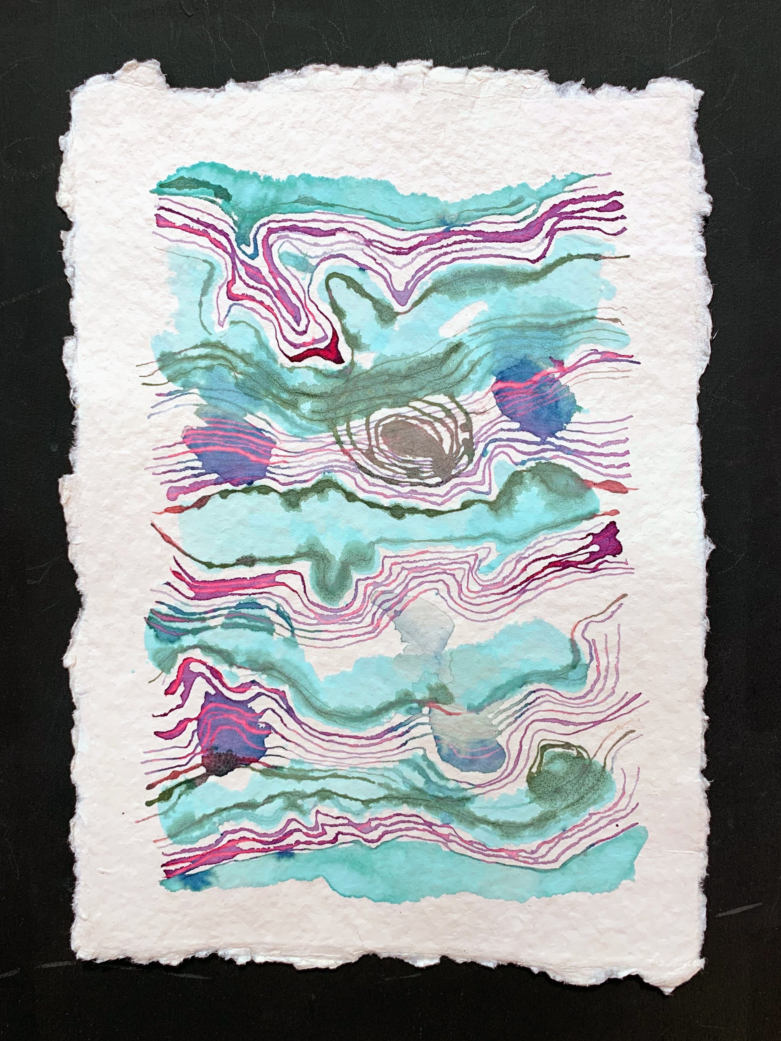 Environmental drawing about wind and water by Joanne Mouland - natural handmade inks on handmade rag paper