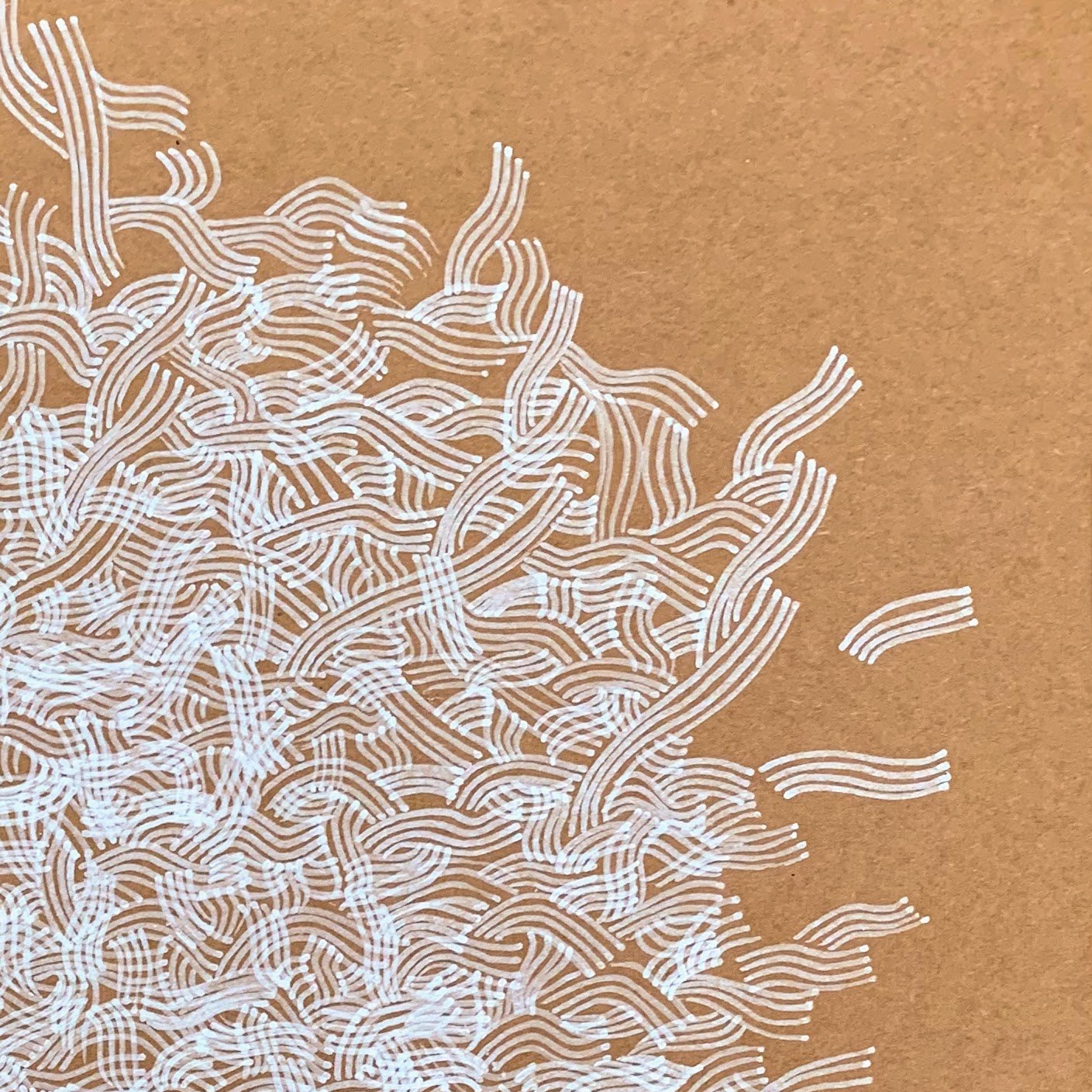 Environmental drawing about wind and water by Joanne Mouland - White pen on brown Kraft paper