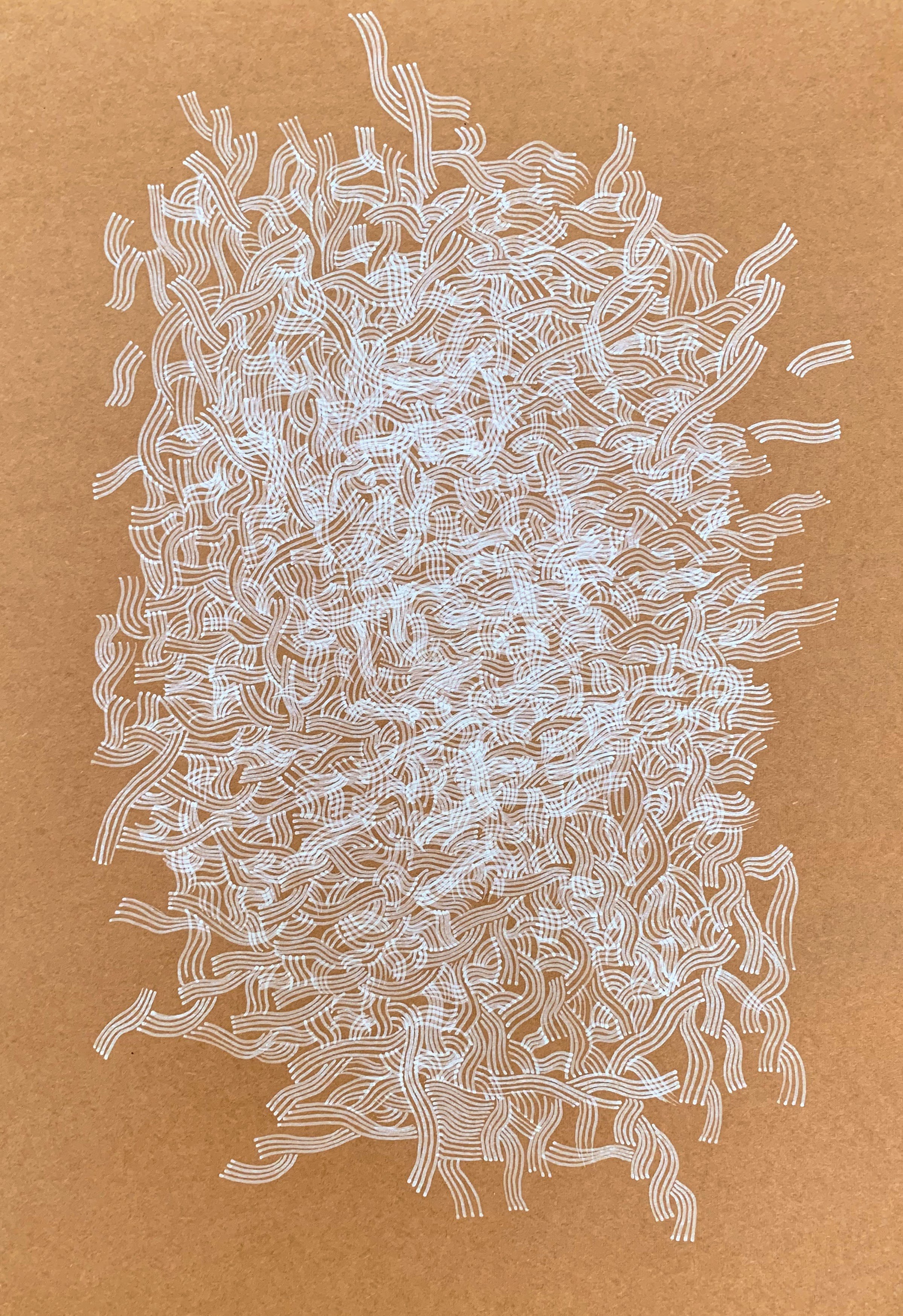 Environmental drawing about wind and water by Joanne Mouland - White pen on brown Kraft paper