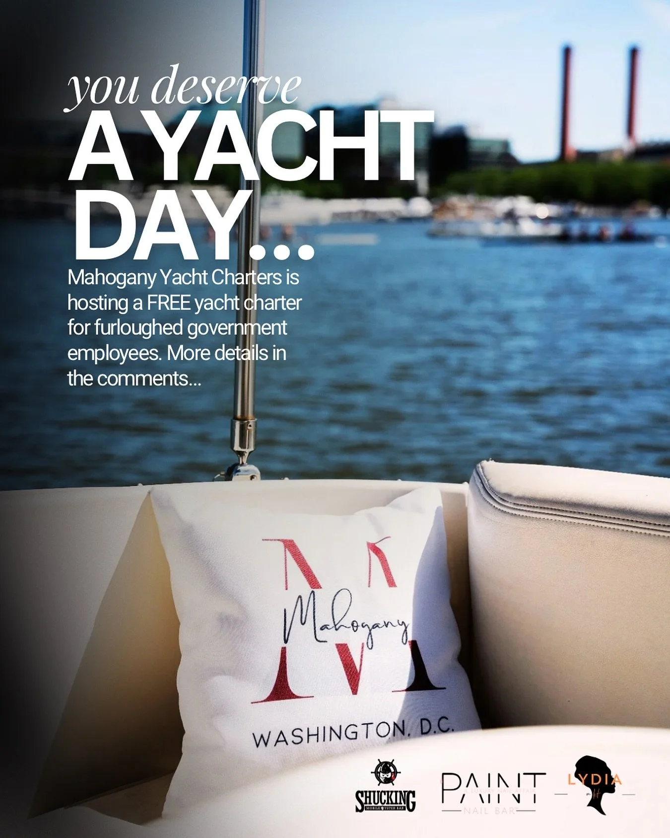 ✨ GIVEAWAY ALERT! ✨

Mahogany Yacht Charters is giving back in a big way! 💛

We&rsquo;re inviting 3 furloughed federal government employees + 1 guest each to enjoy a complimentary 2-hour charter aboard Mahogany, a relaxing afternoon on the water fil