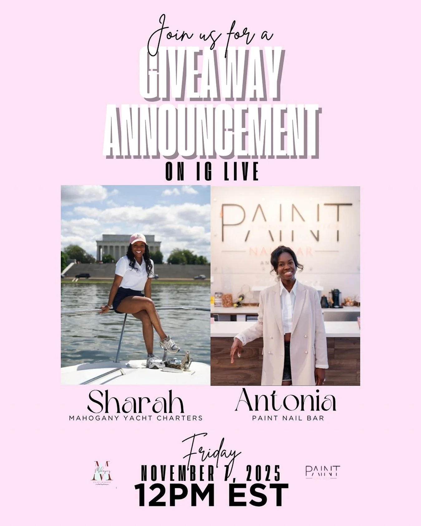 🎉 We&rsquo;re going LIVE! 🎉
Join Sharah of Mahogany Yacht Charters and Antonia of Paint Nail Bar Annapolis this Friday, November 7th at 12PM EST on Instagram Live as we announce the winners of our Free Charter Giveaway for three furloughed federal 